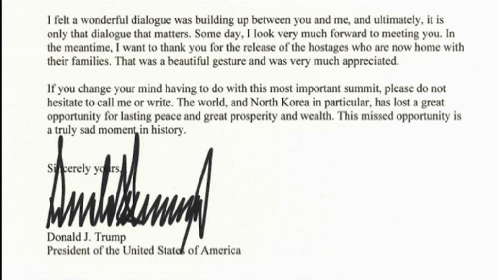 特朗普發信通知北韓取消美朝峰會