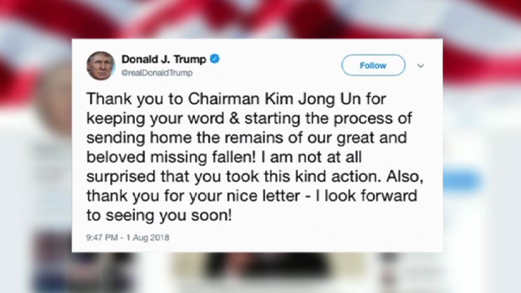 特朗普感謝金正恩歸還美軍遺骸