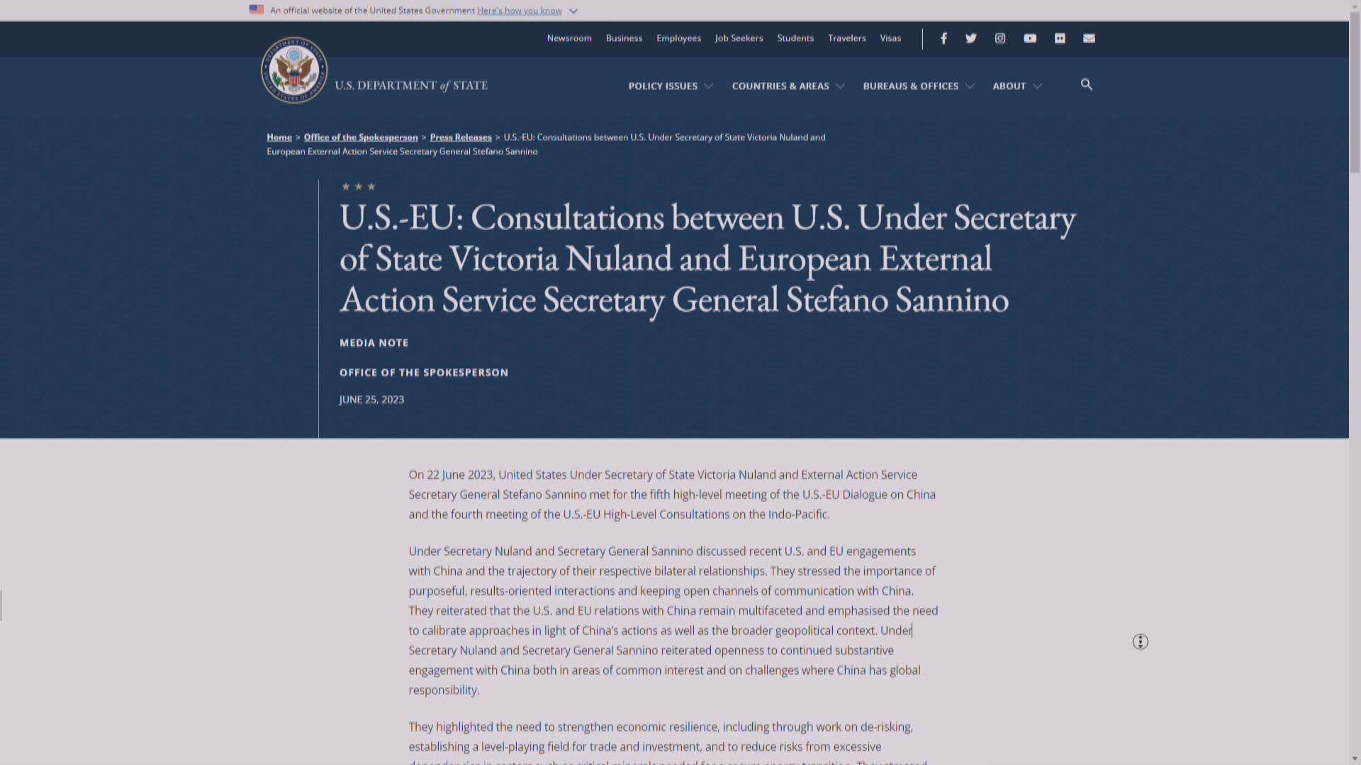 美歐外交高官重申維持台海和平穩定