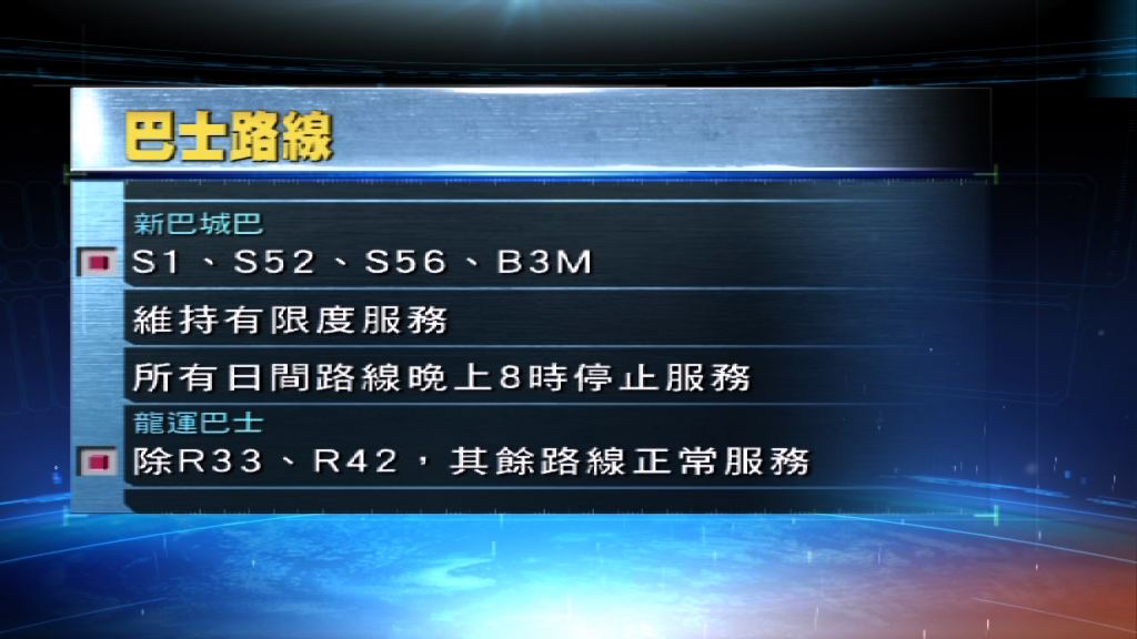 八號信號下新巴城巴日間路線晚上8時停駛