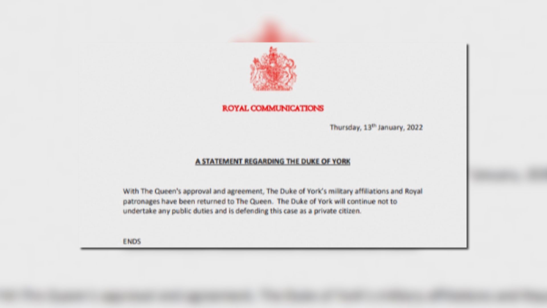 英國安德魯王子歸還所有軍銜和王室贊助