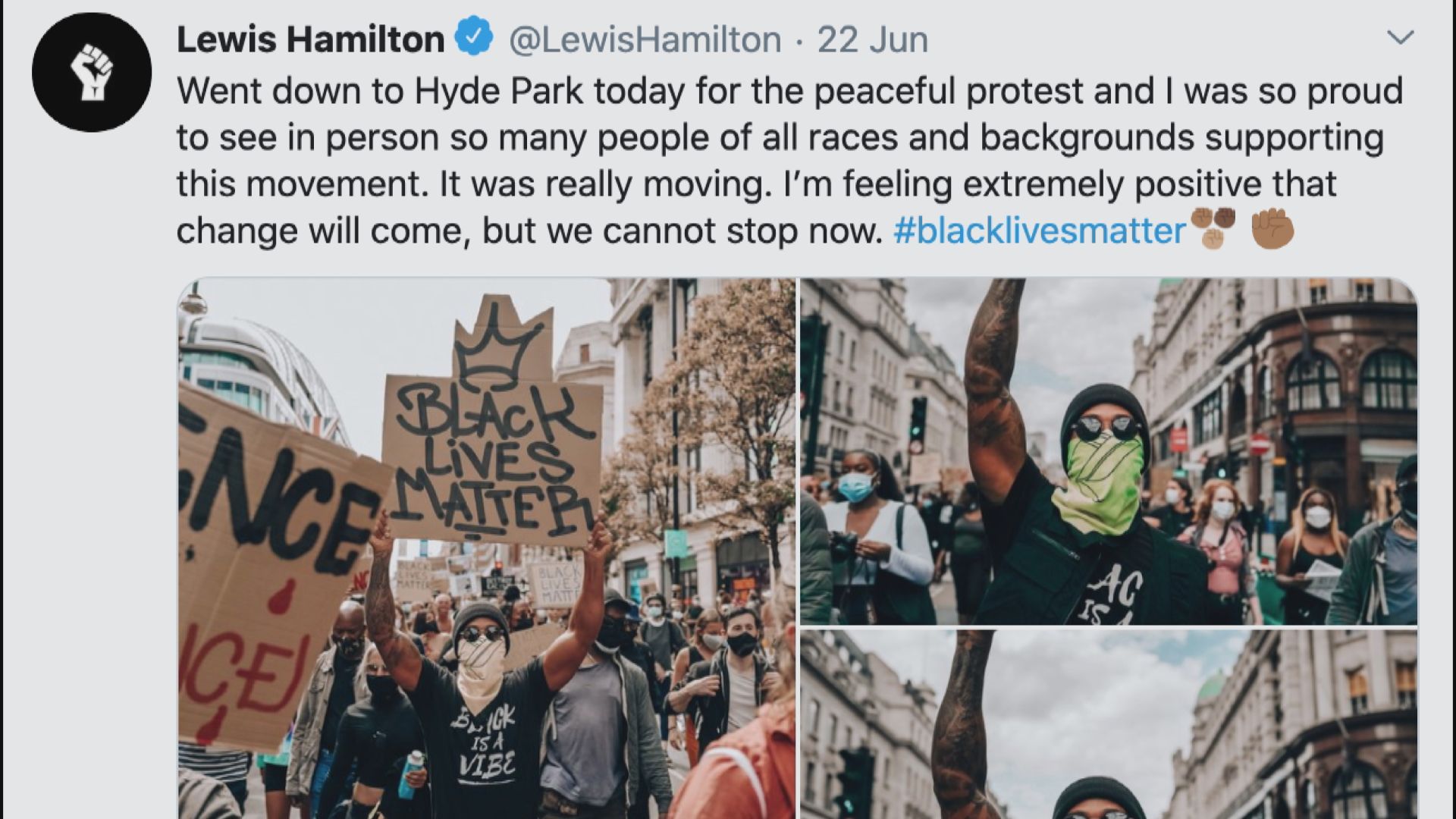 咸美頓參與反種族示威　促賽車界推動變革