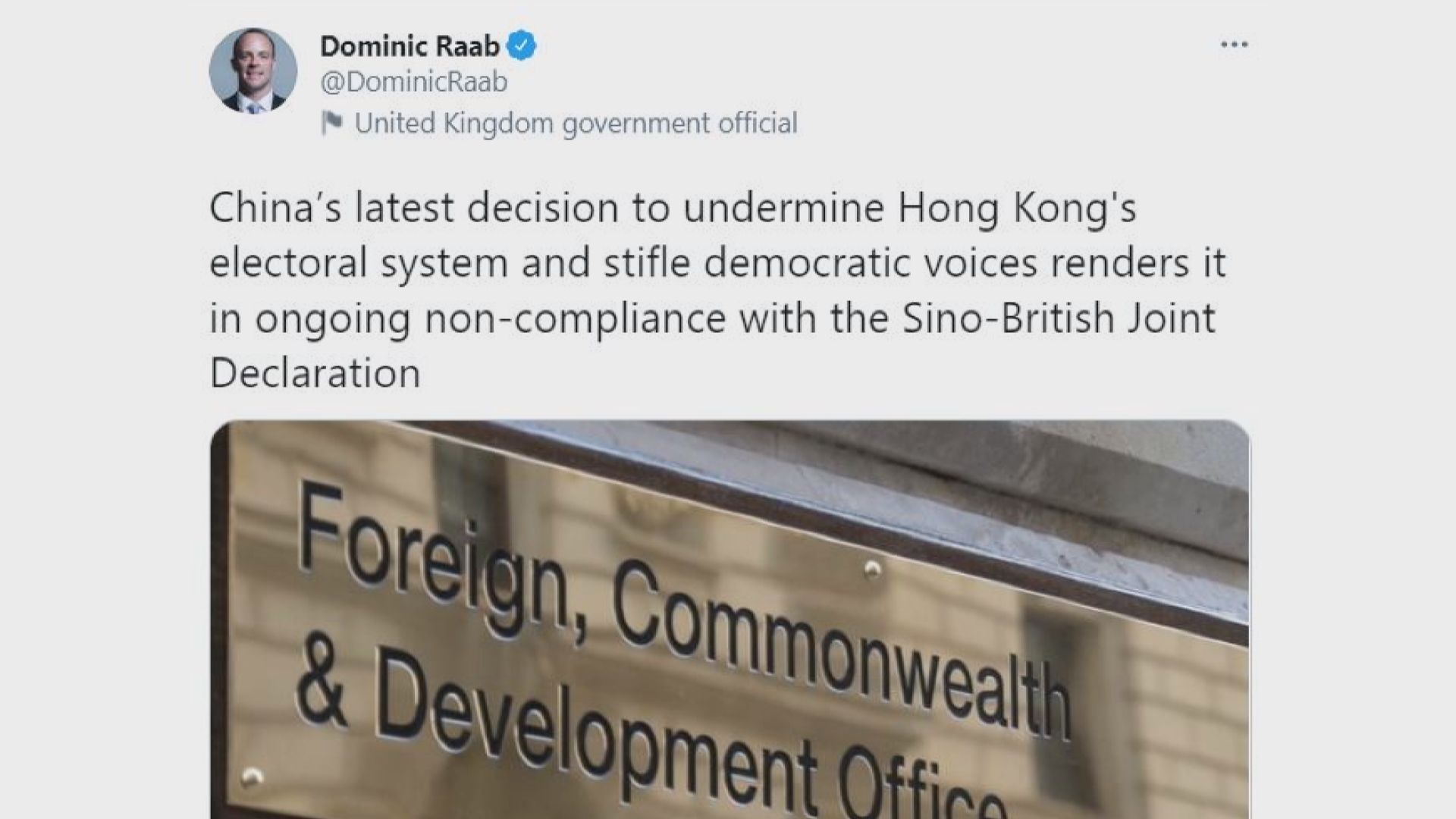 藍韜文批評北京持續違反中英聯合聲明