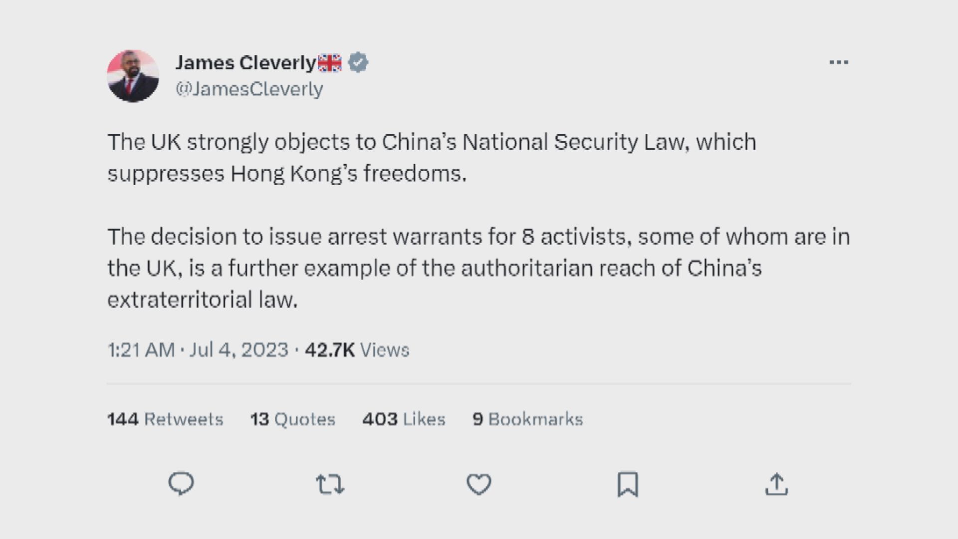 英國外相批評香港通緝八名在外港人