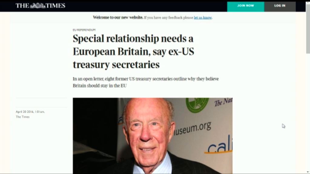 美國八名前財長聯署籲英國留歐