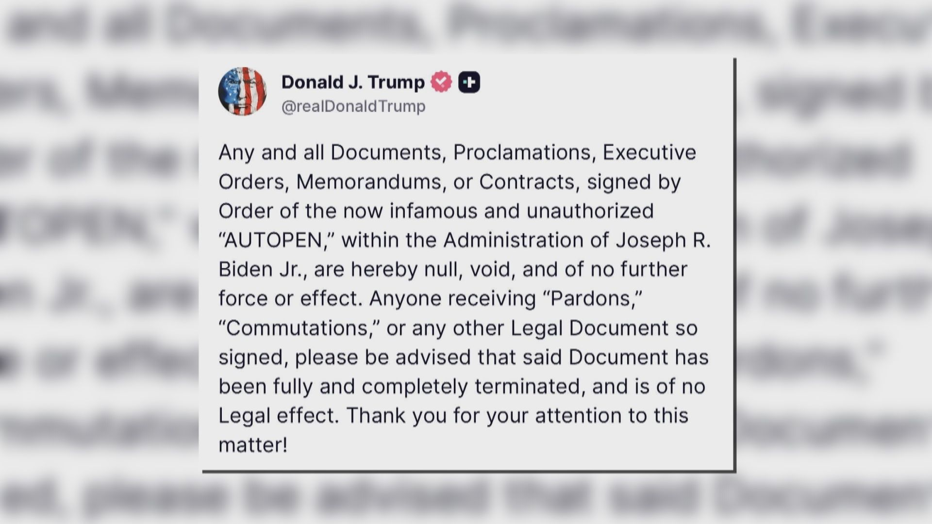 特朗普宣布拜登自動簽名筆簽署文件正式作廢