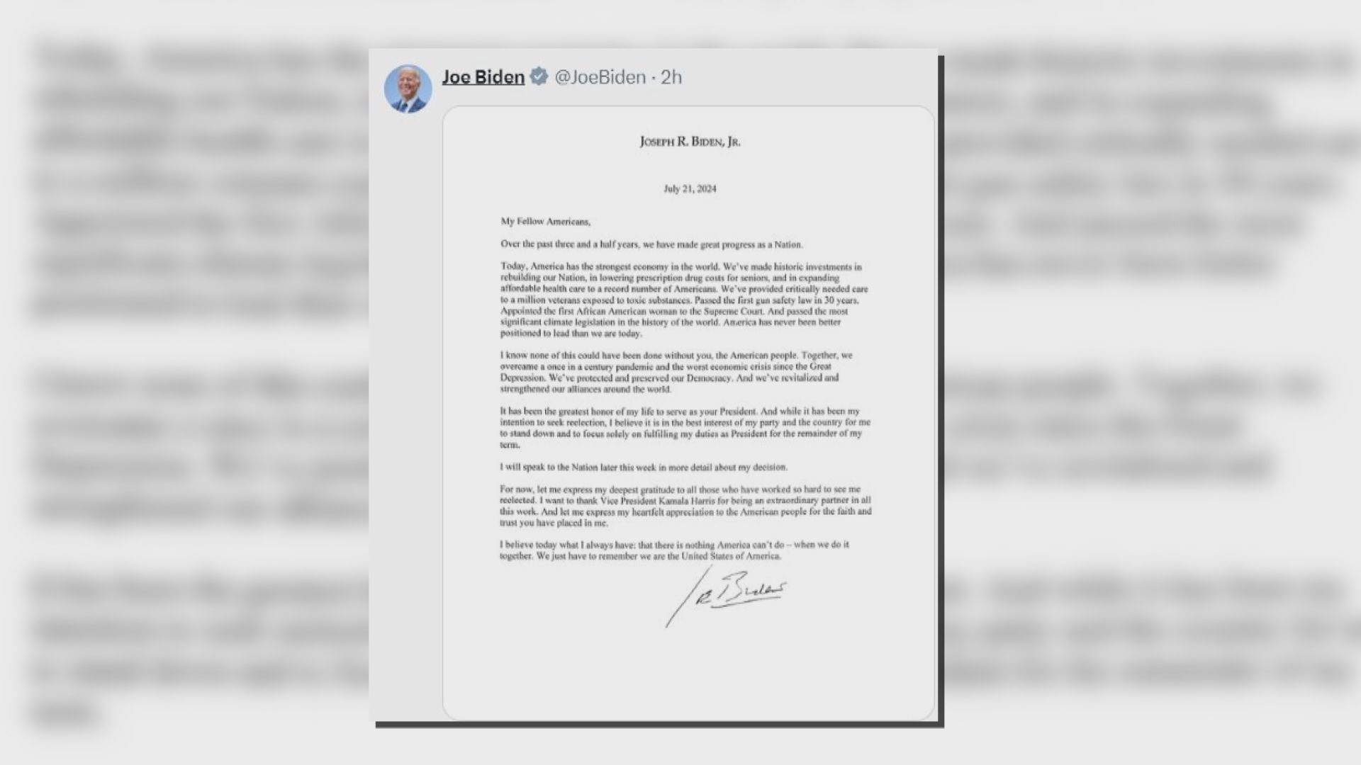 拜登宣布退選 稱符合民主黨及國家最佳利益