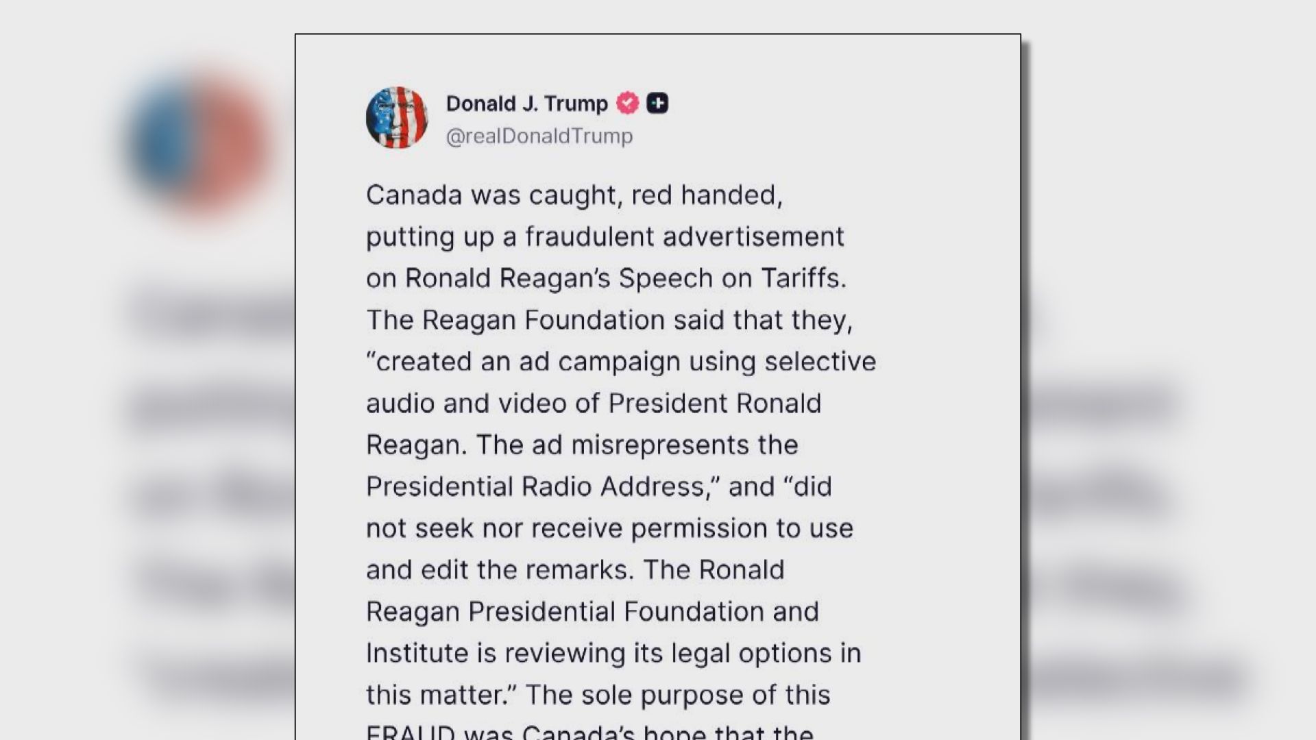 特朗普宣布向加拿大額外加徵一成關稅