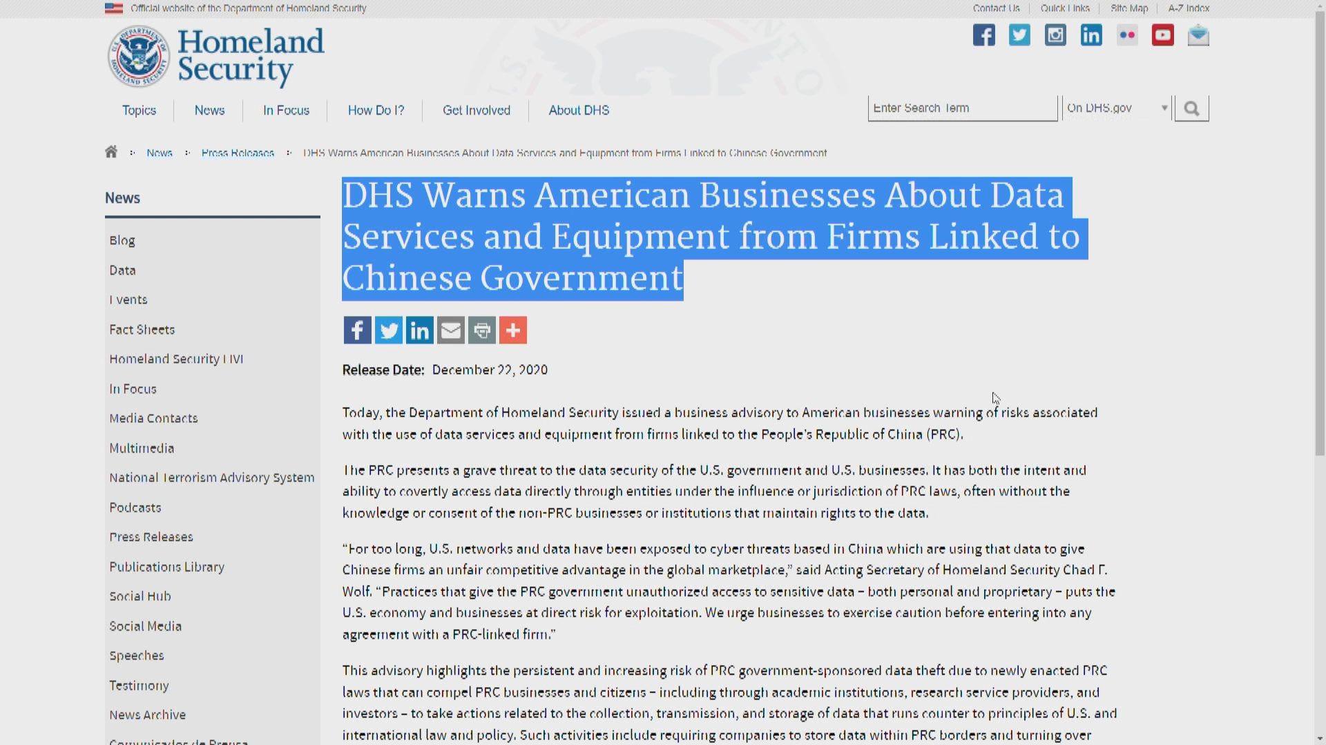 美國警告企業別使用中國相關數據服務