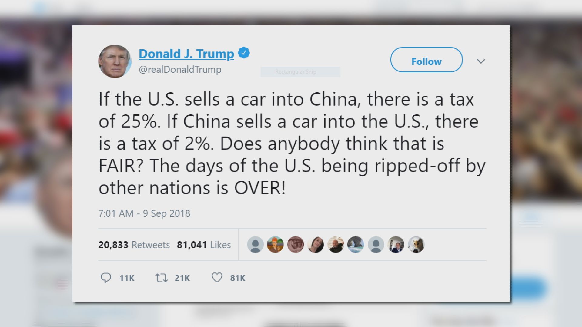 特朗普：美國任人宰割的日子已經結束