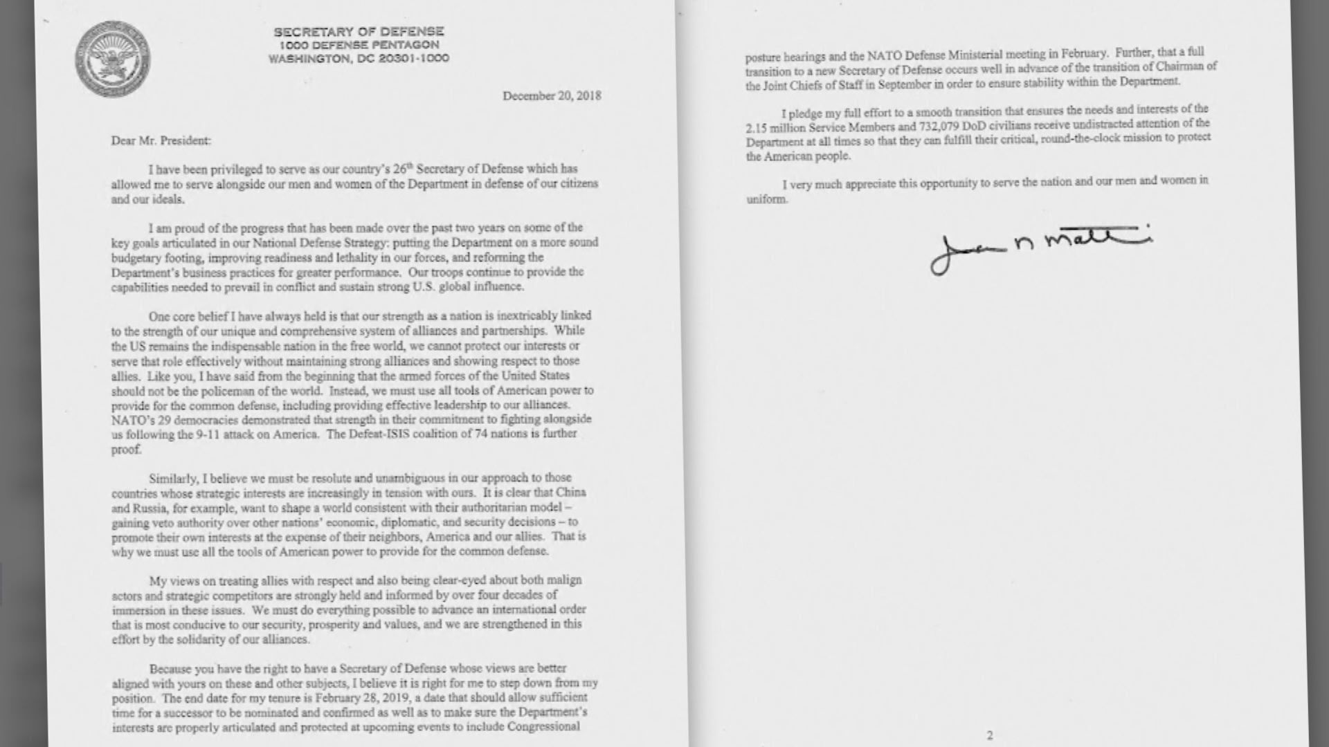 白宮官員指馬蒂斯辭職信觸怒特朗普