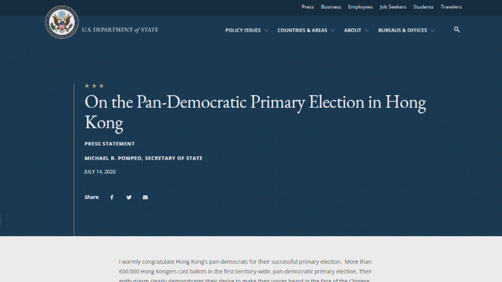 蓬佩奧祝賀民主派初選成功舉行