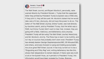 特朗普否認曾寫露骨信件予愛潑斯坦　入稟控告爆料傳媒誹謗