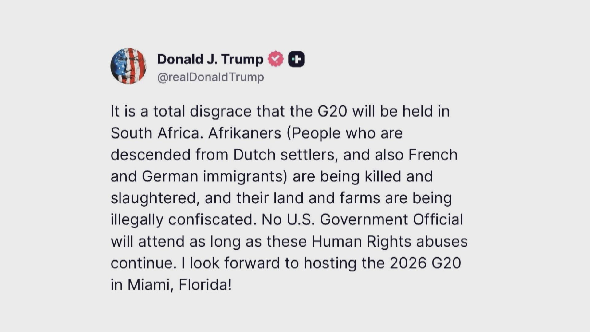 特朗普稱不會有華府官員出席二十國集團峰會