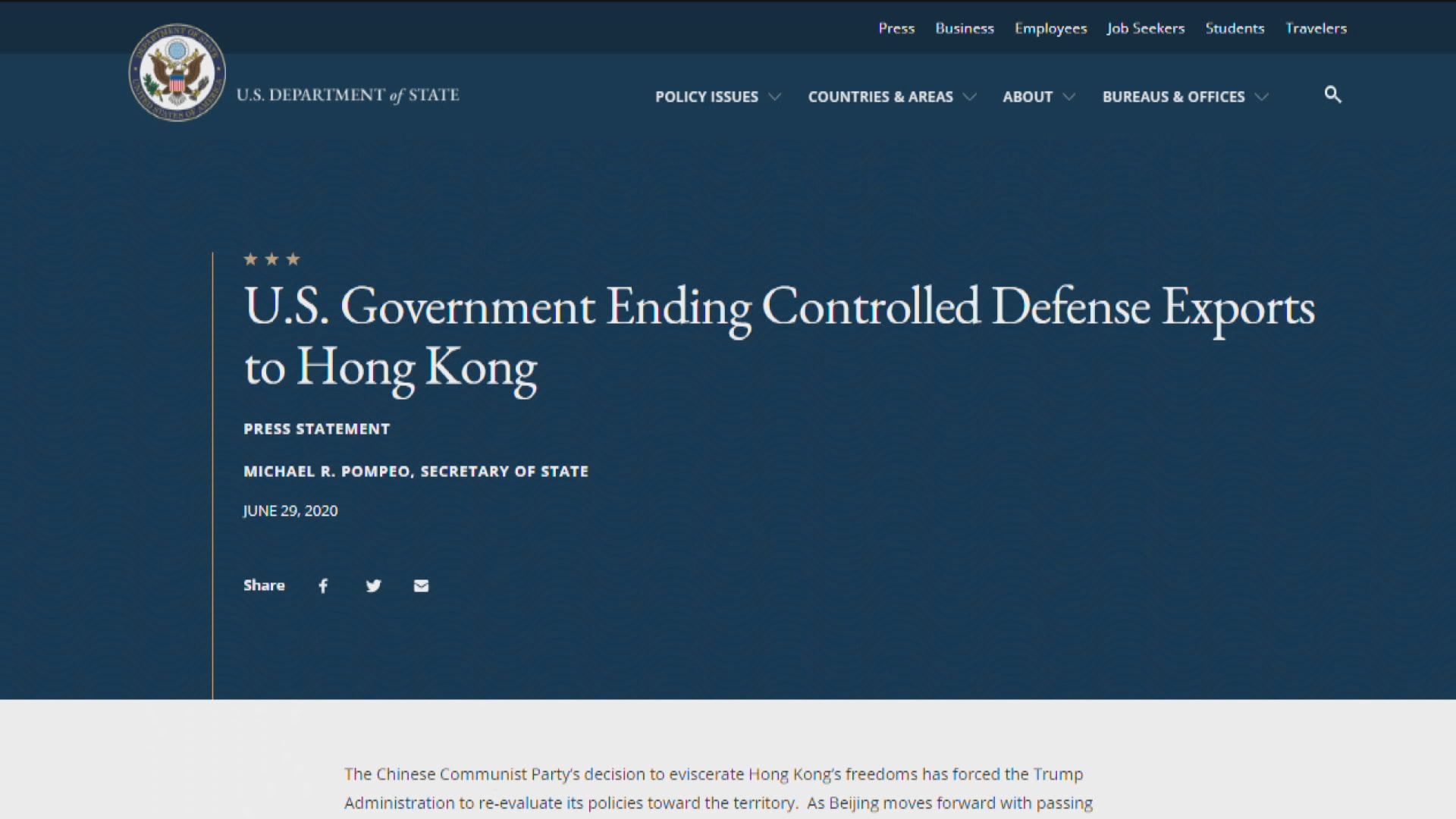 美國停止對港出口國防設備