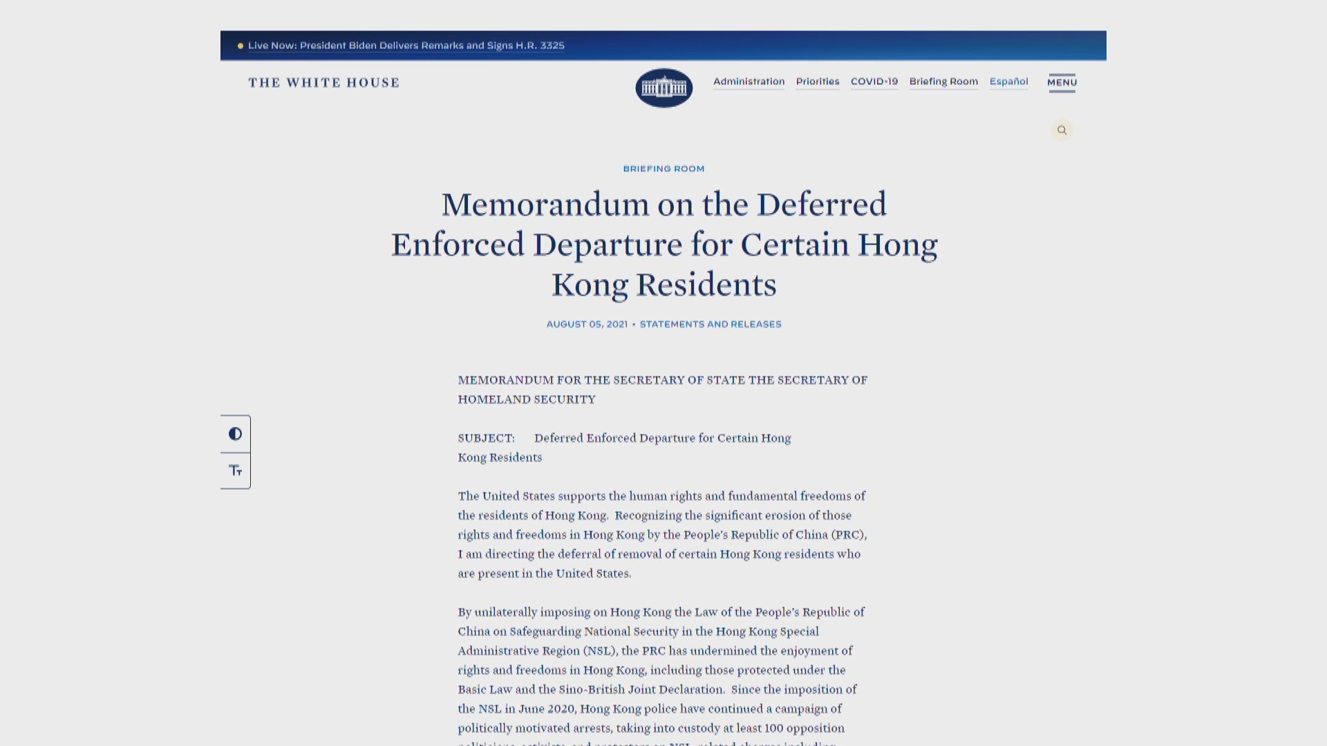 美國宣布給予留美港人18個月延期離境待遇