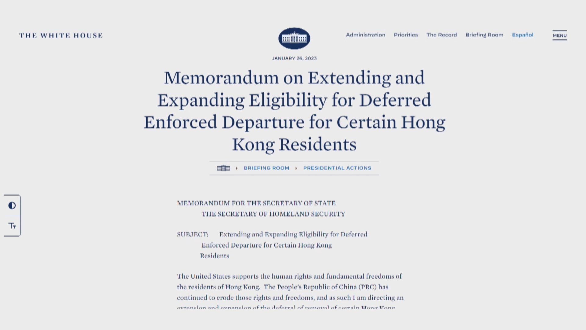 拜登批北京持續蠶食港人權利　延長在美港人延期離境待遇2年