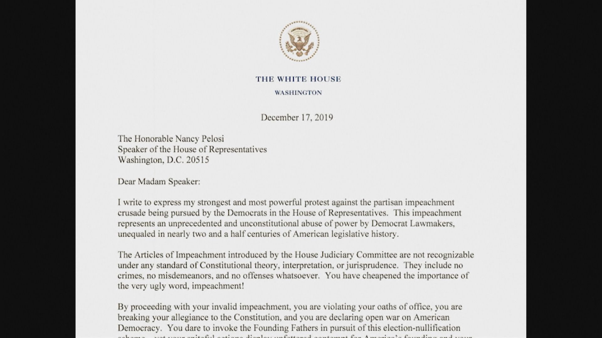 特朗普去信斥責佩洛西歪曲公義