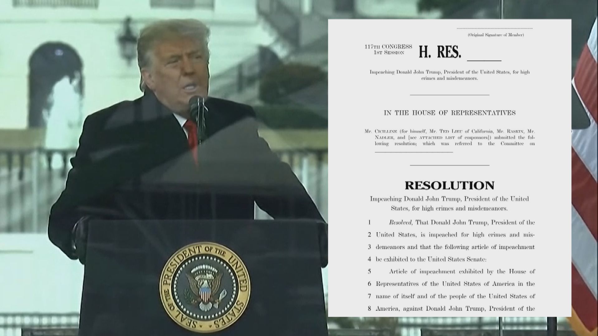 民主黨向眾議院提交彈劾議案　指控特朗普煽動叛亂