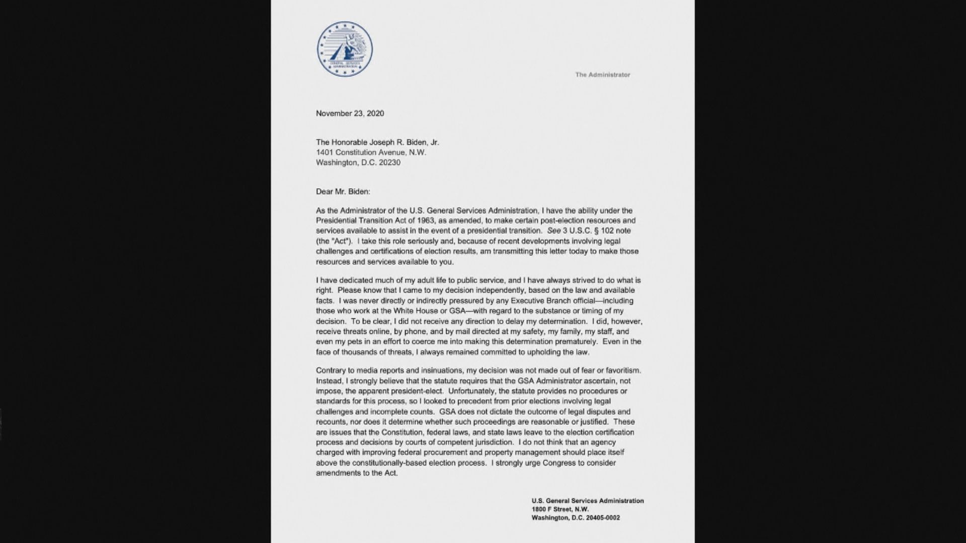 聯邦總務署通知拜登可展開過渡工作　強調無受白宮壓力