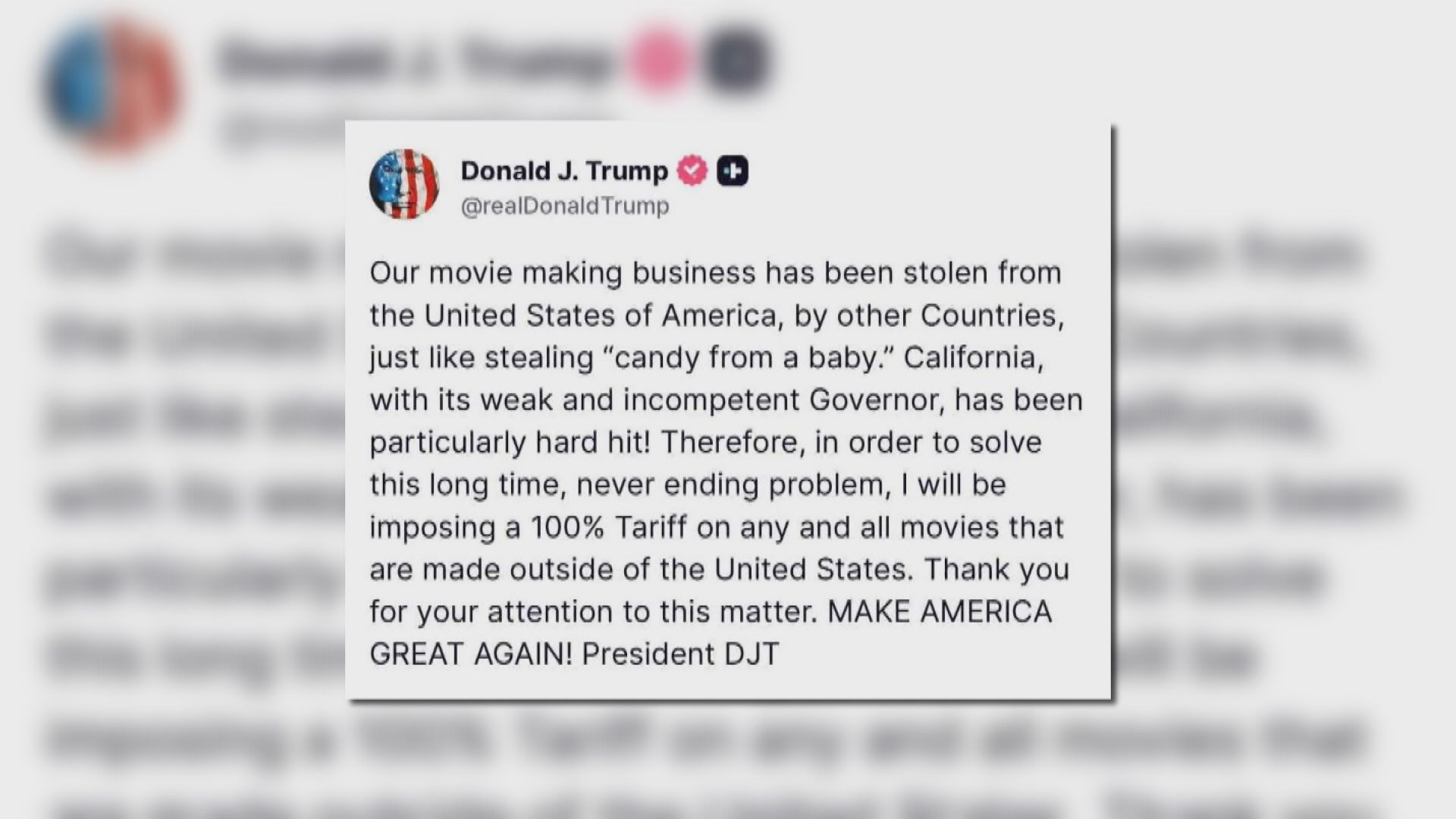 關稅戰｜特朗普揚言向美國境外製作電影徵收100%關稅