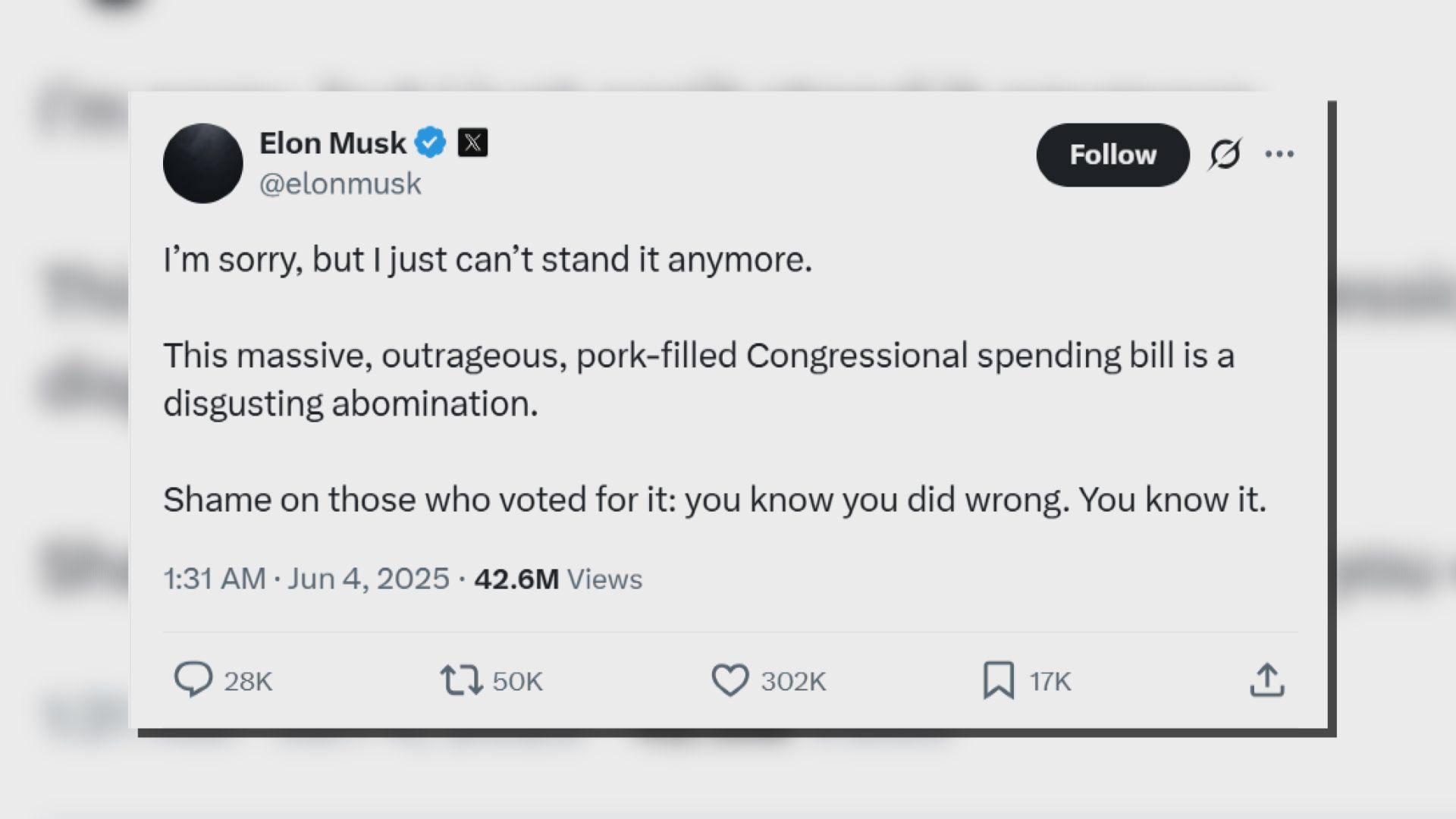 馬斯克狠批預算法案　白宮：特朗普看法不會改變