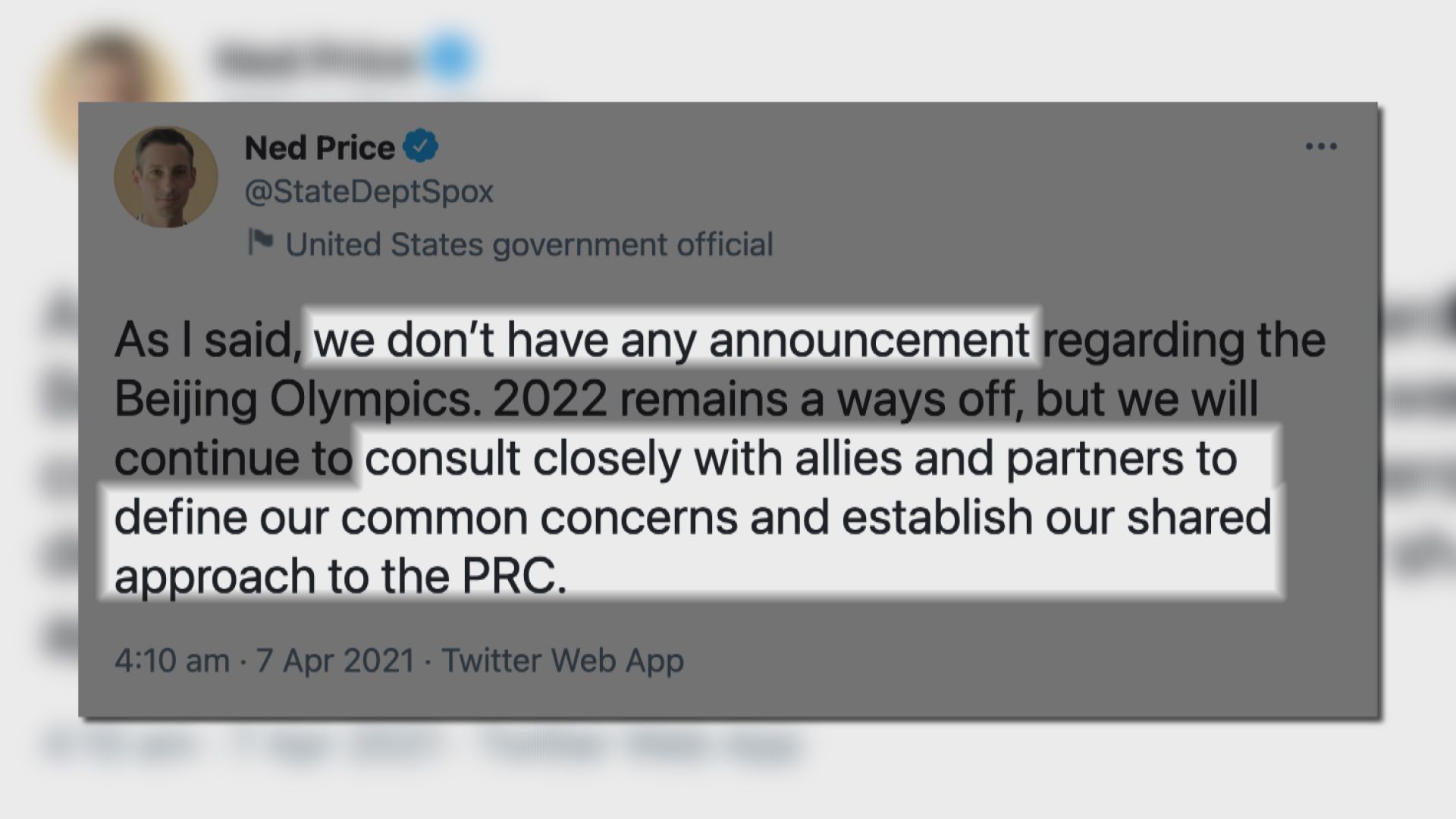 美國稱未與盟友具體討論聯合杯葛北京冬奧行動