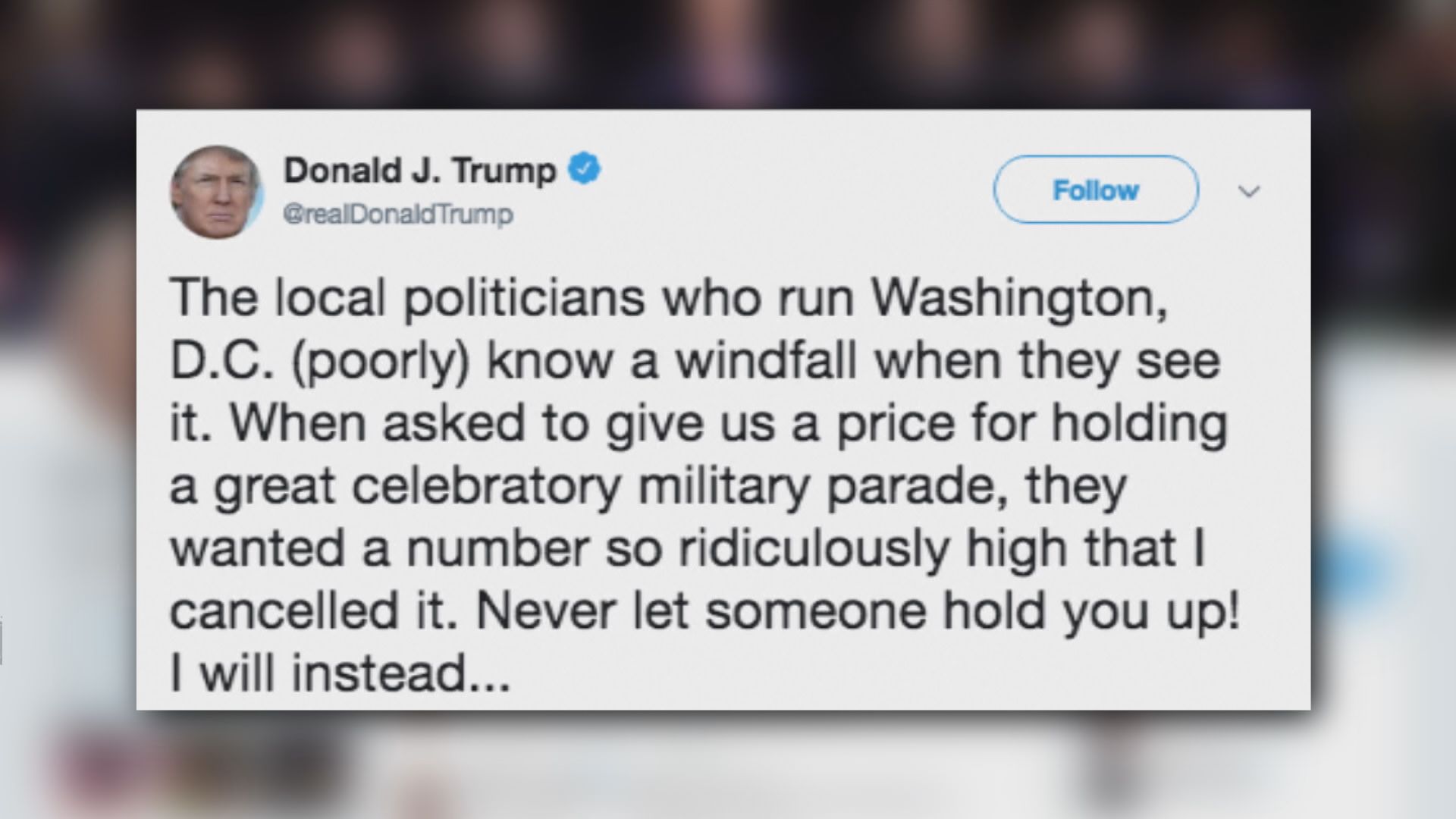 特朗普斥舉行閱兵成本被誇大