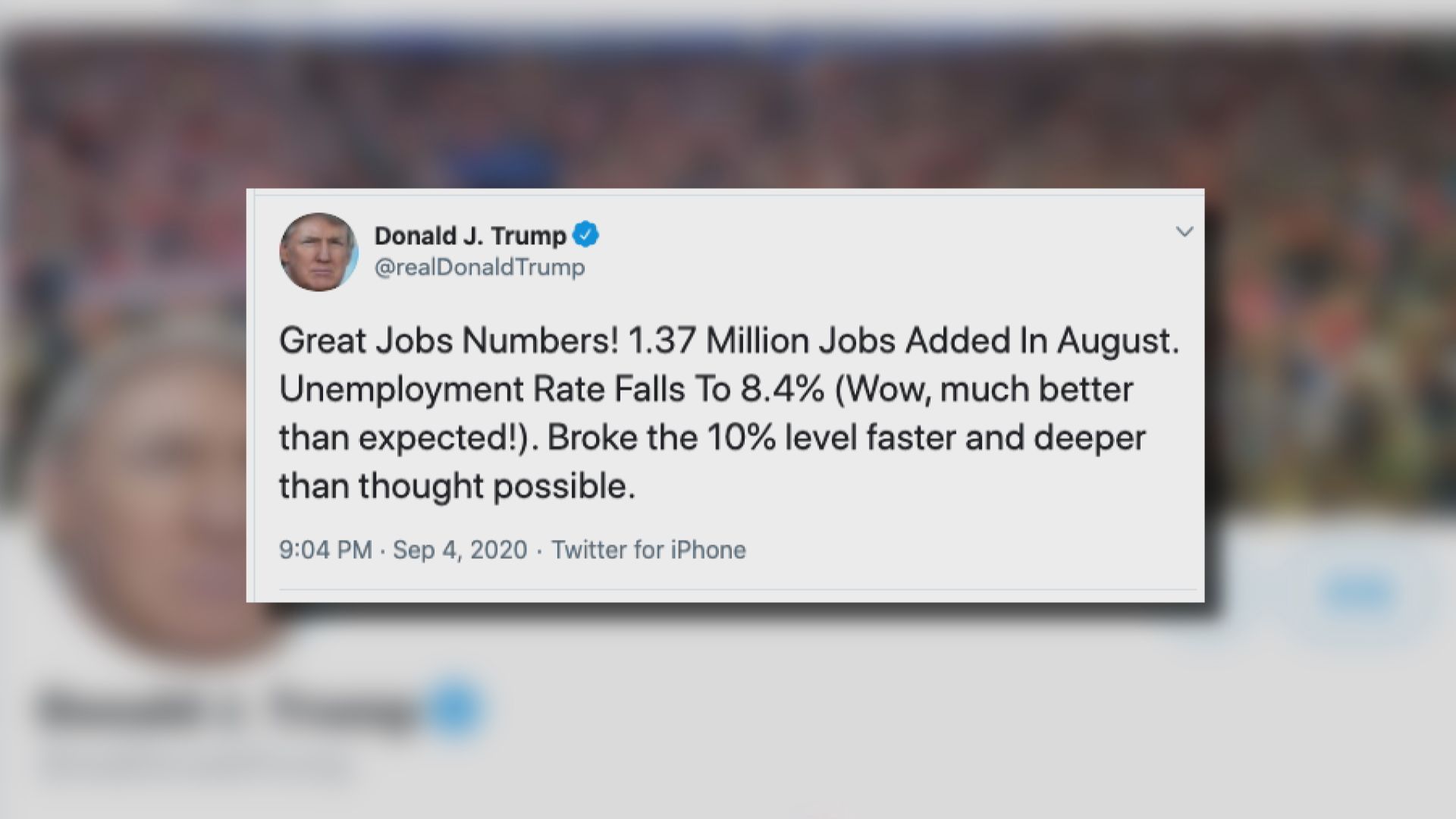 特朗普：失業率重回至低於10%較預期快