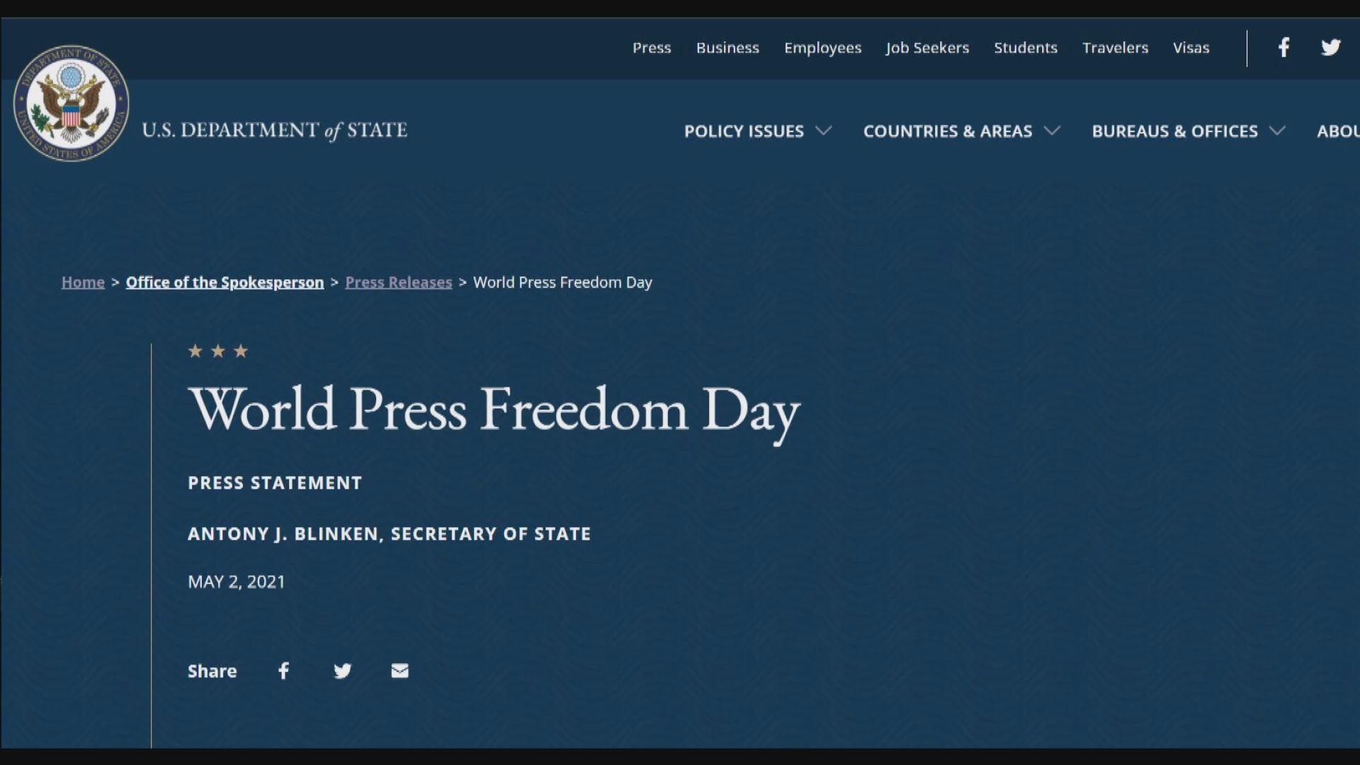 世界新聞自由日　美國促保護媒體安全