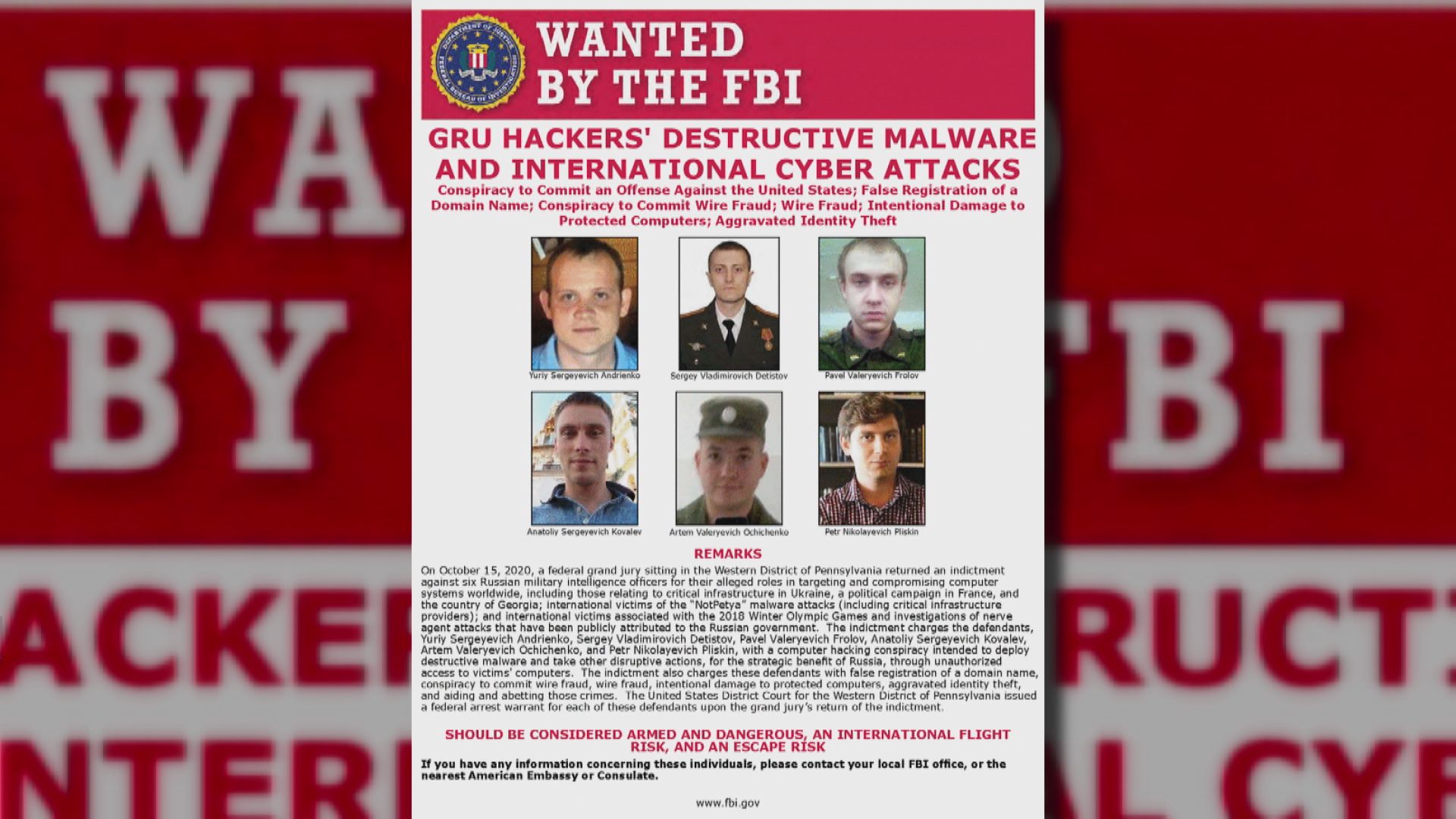 美起訴6名俄軍官涉在全球發動網絡攻擊