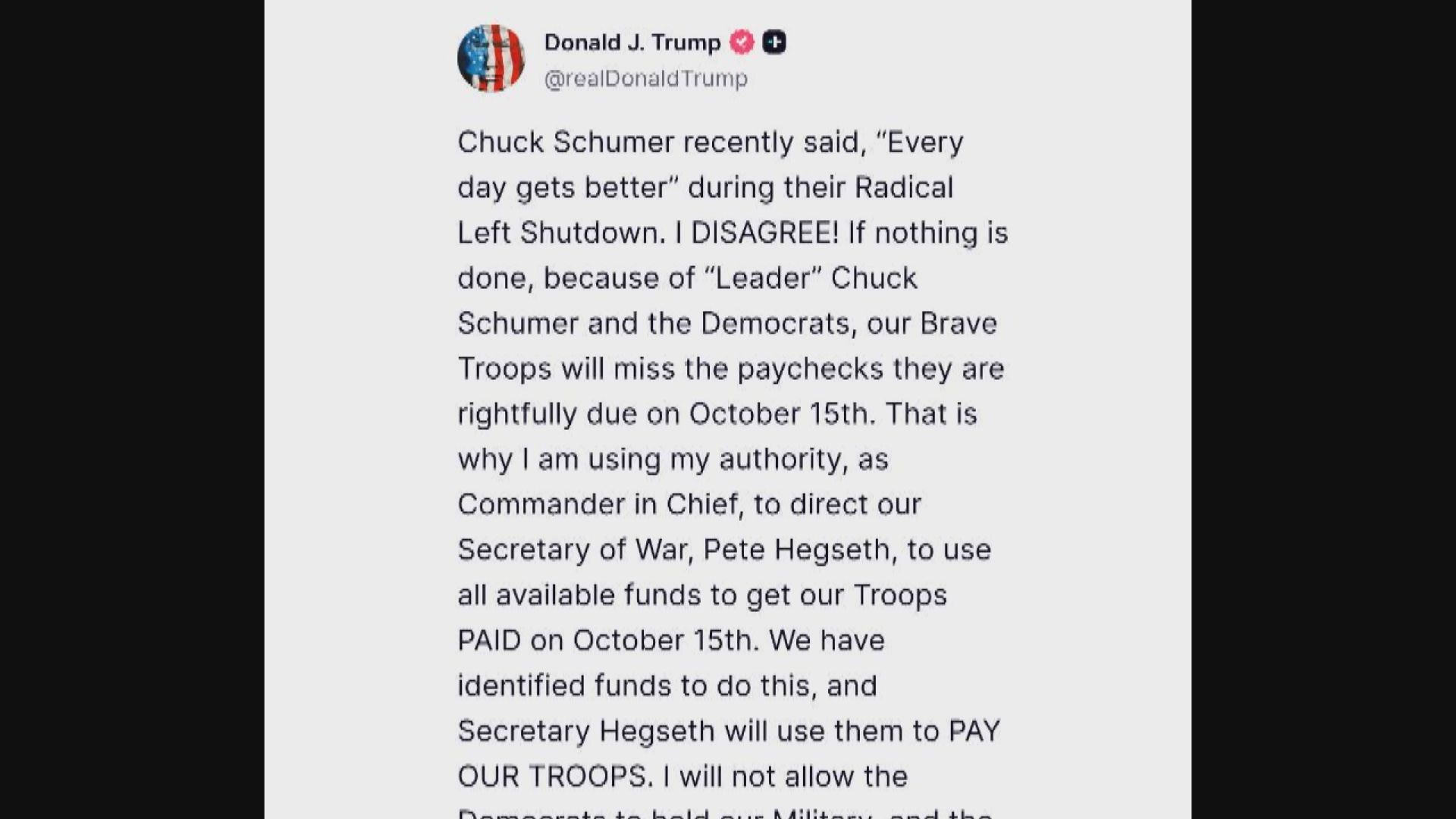 特朗普指示國防部動用一切資金確保如期向軍人發放薪酬