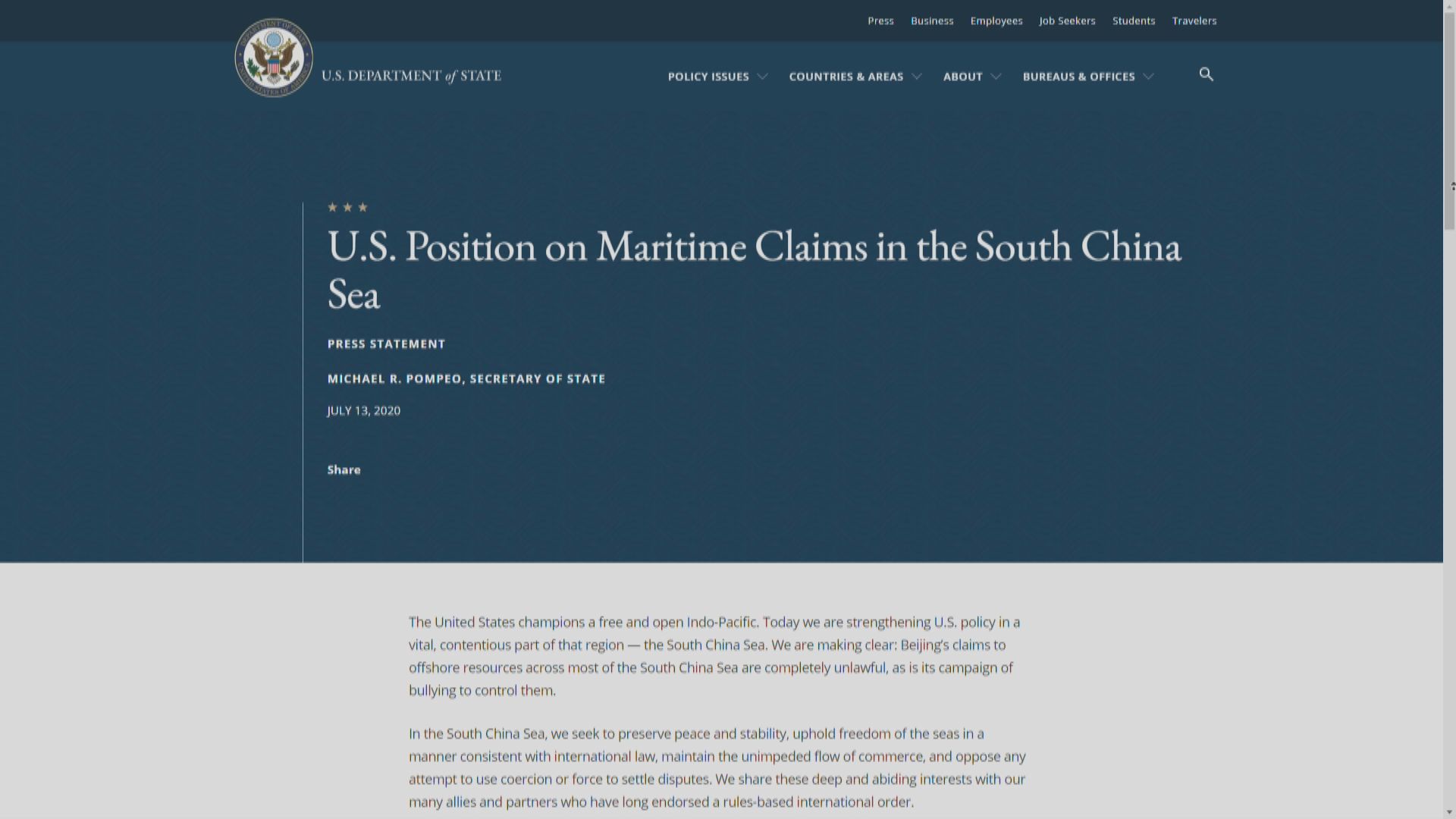 美方指北京從未就南海「九段線」主張提供合乎邏輯法律理據