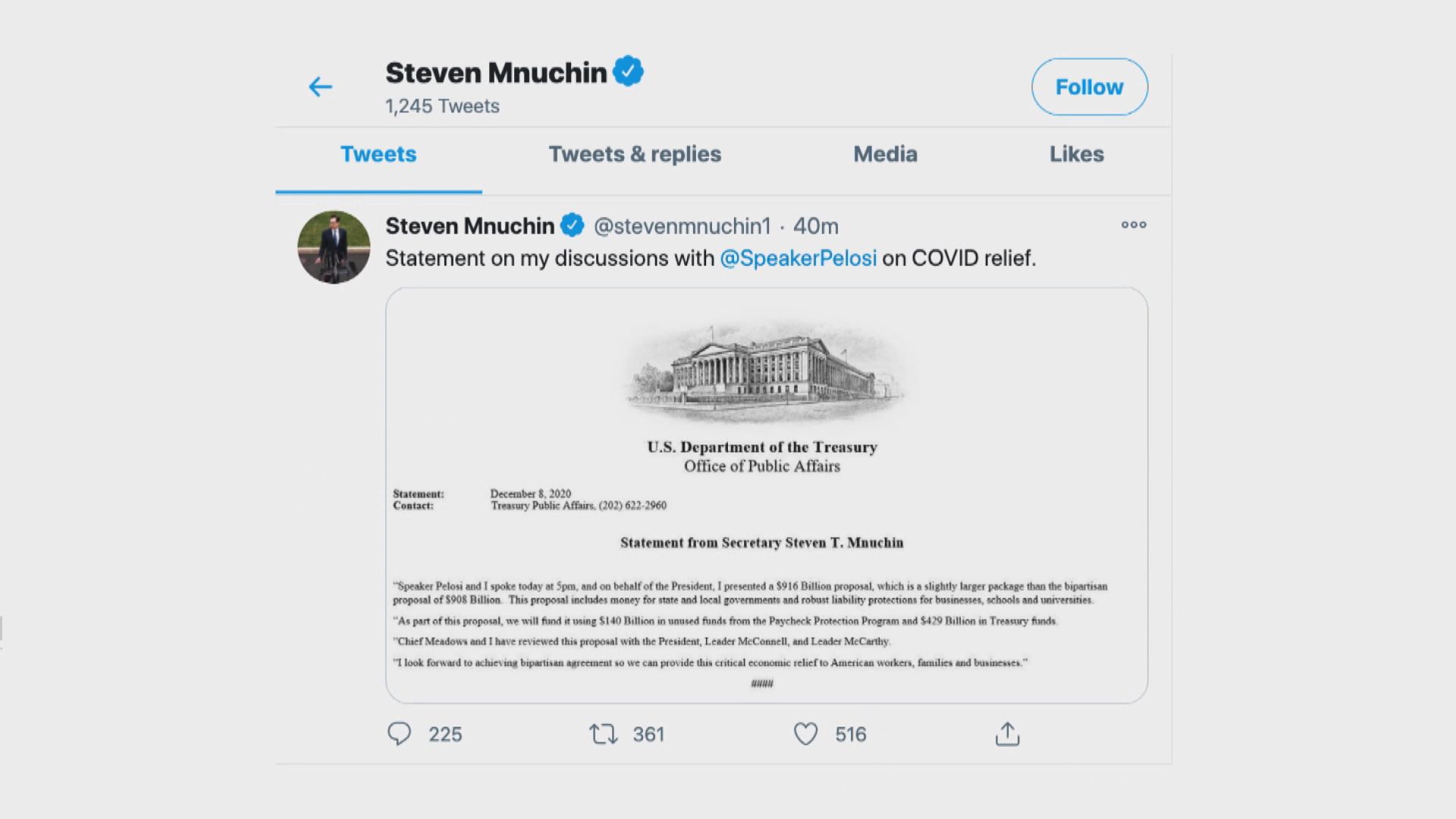 美國財長提出規模9160億美元的新刺激方案