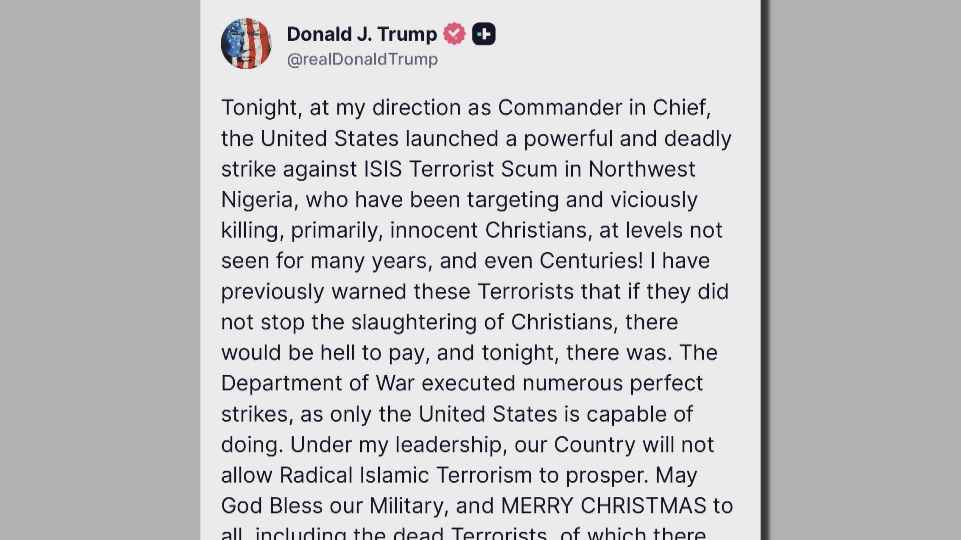 美軍空襲尼日利亞境內伊斯蘭國據點　稱擊斃多人