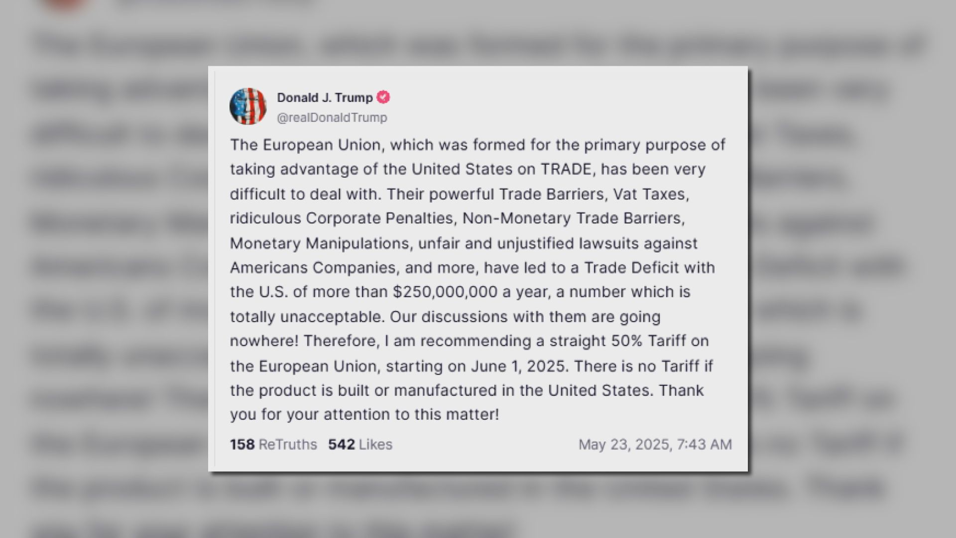 關稅戰｜特朗普揚言對歐盟貨物徵50%關稅　排除達成協議可能