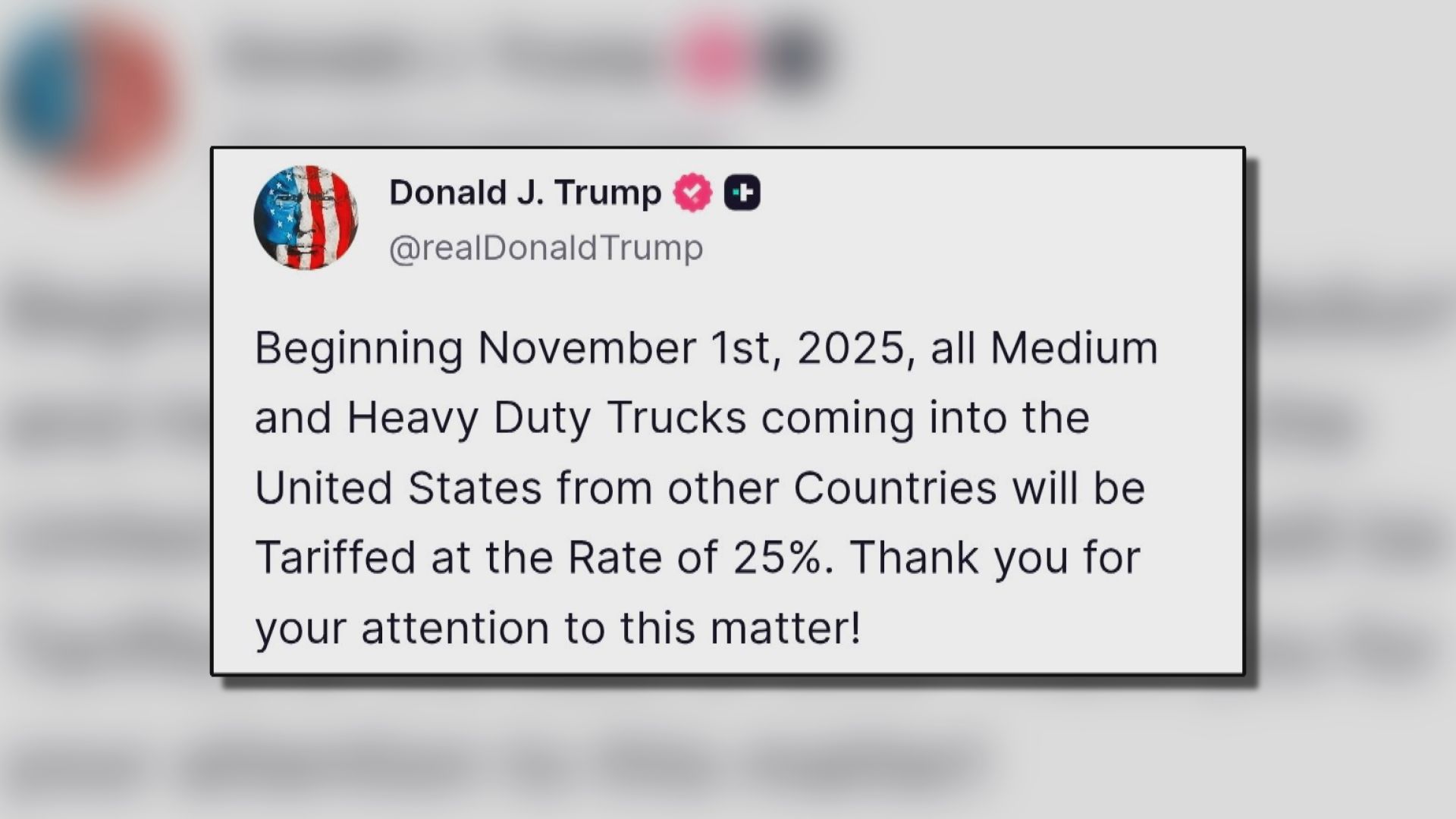 特朗普宣布下月對進口中型及重型貨車徵收關稅