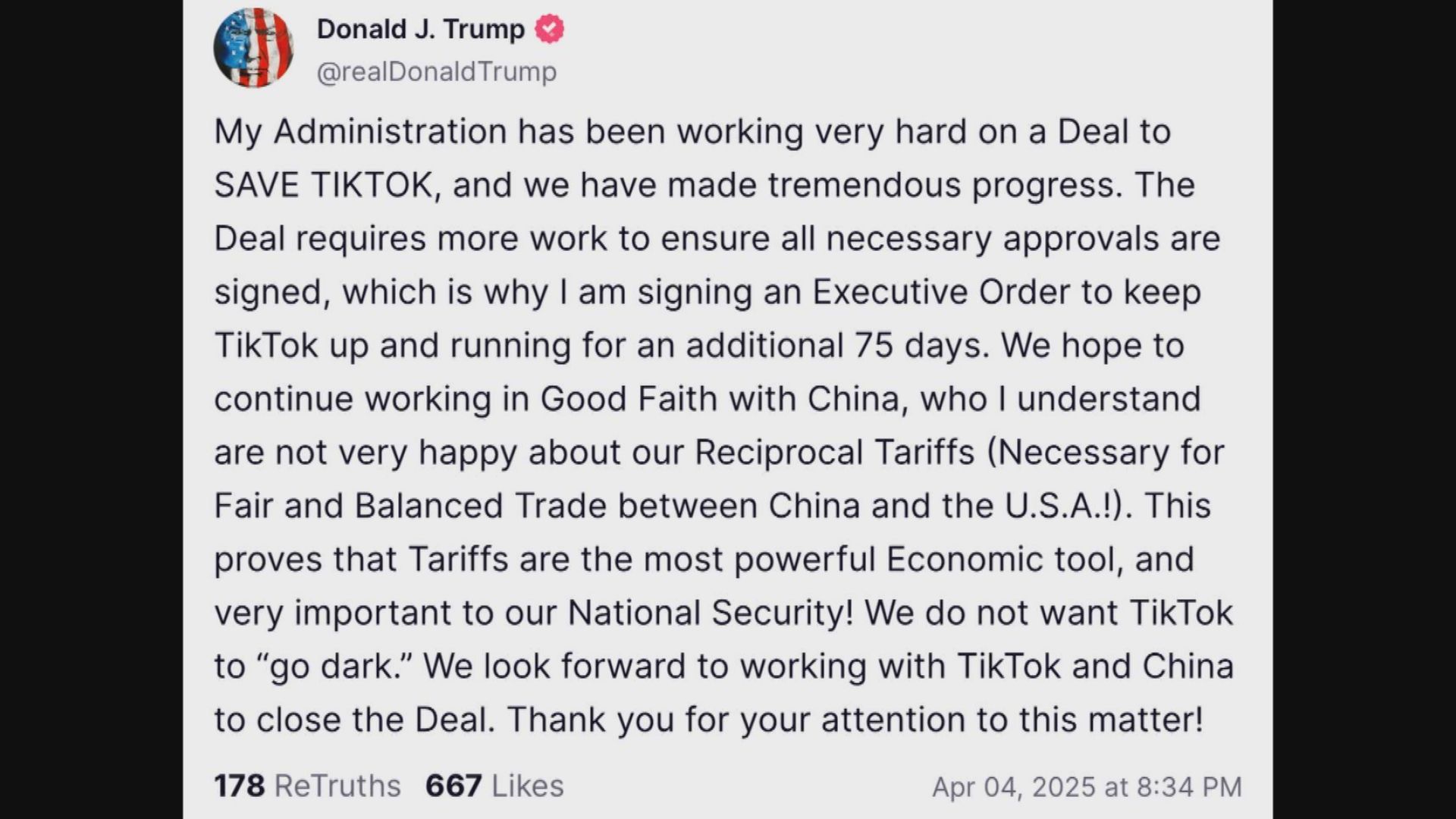 美國推遲TikTok不賣即禁法例生效日期75天