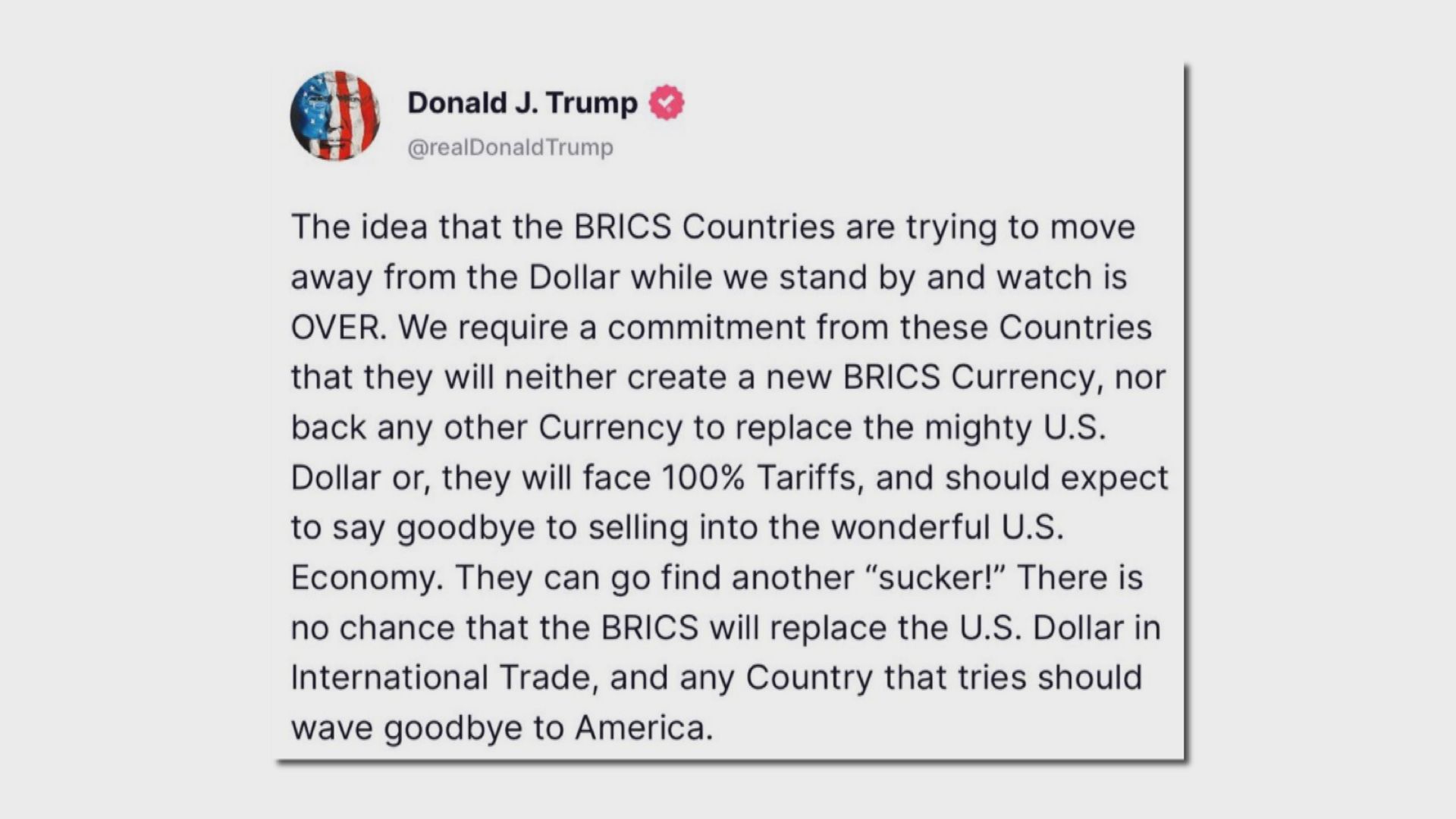 特朗普警告金磚國家「去美元化」　會向相關國家貨品加徵百分百徵稅