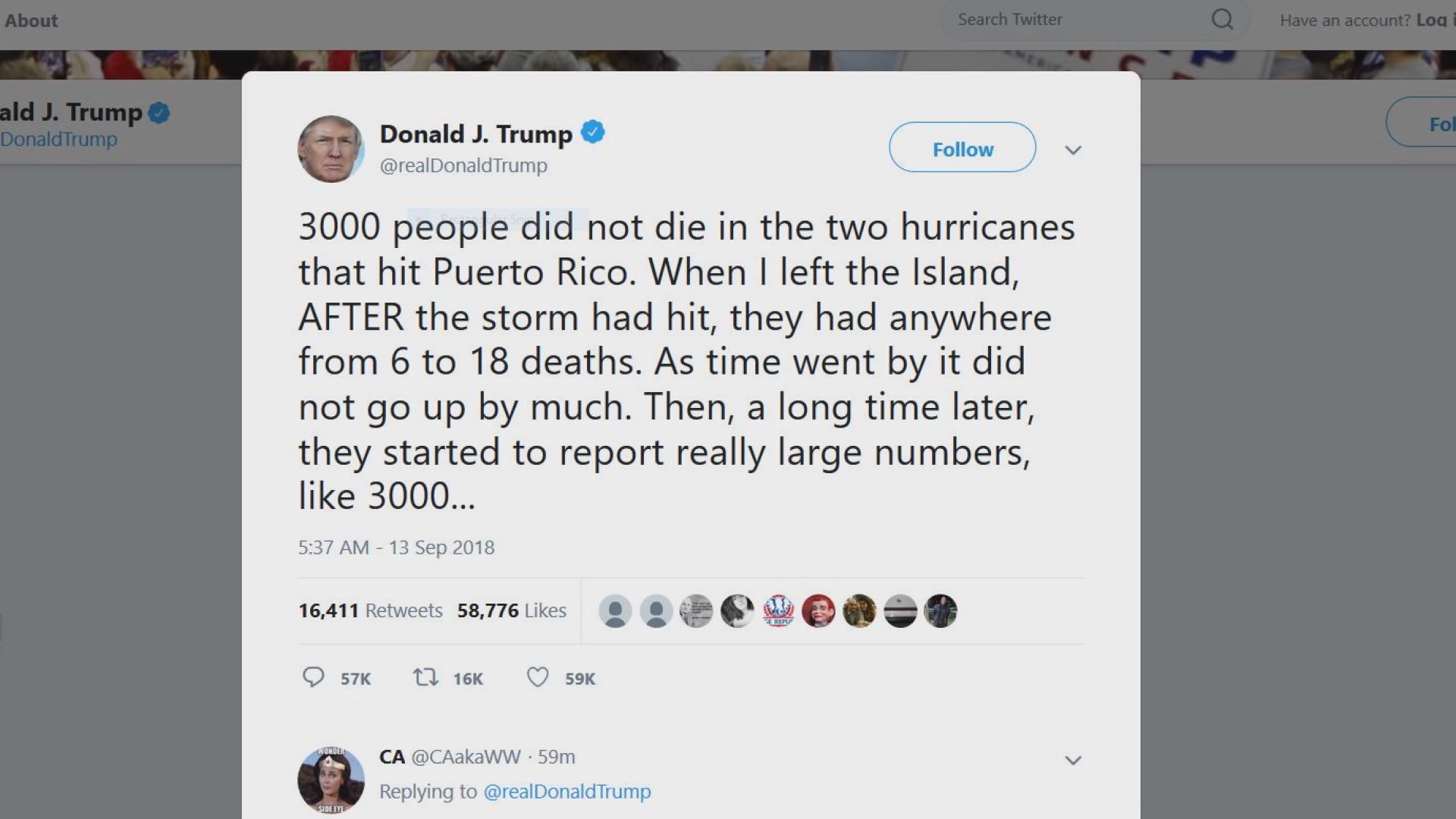 特朗普否認颶風報告死亡人數被批