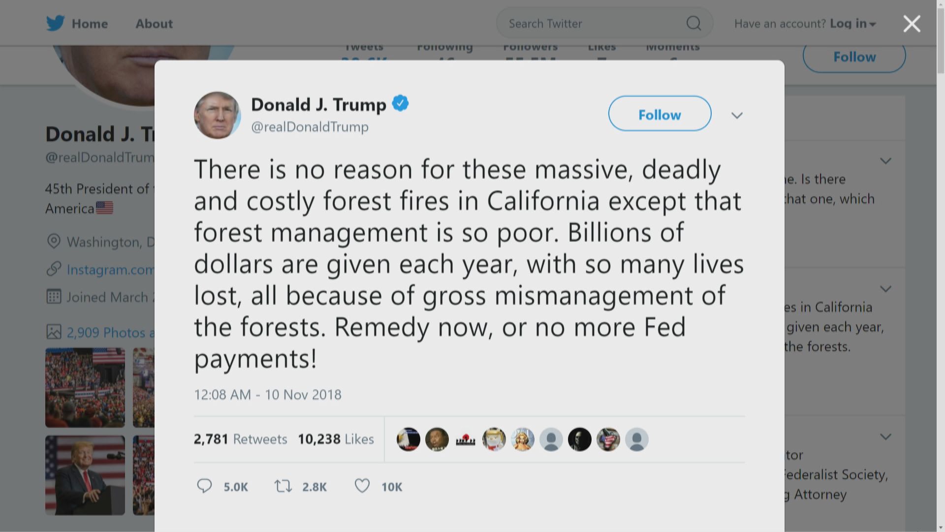 特朗普批評部門管理不善引致大火