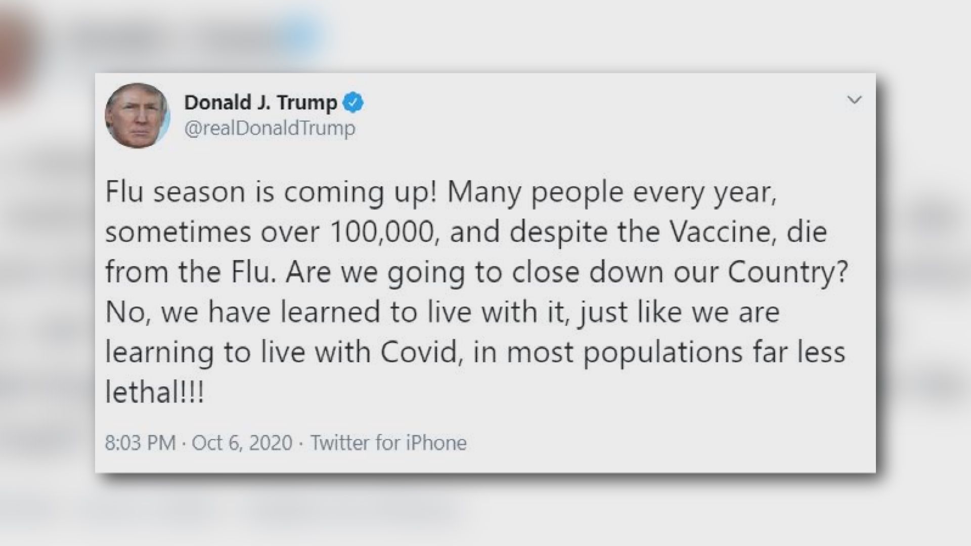 特朗普將新冠病毒與流感比較　盼民眾學習與病毒共存