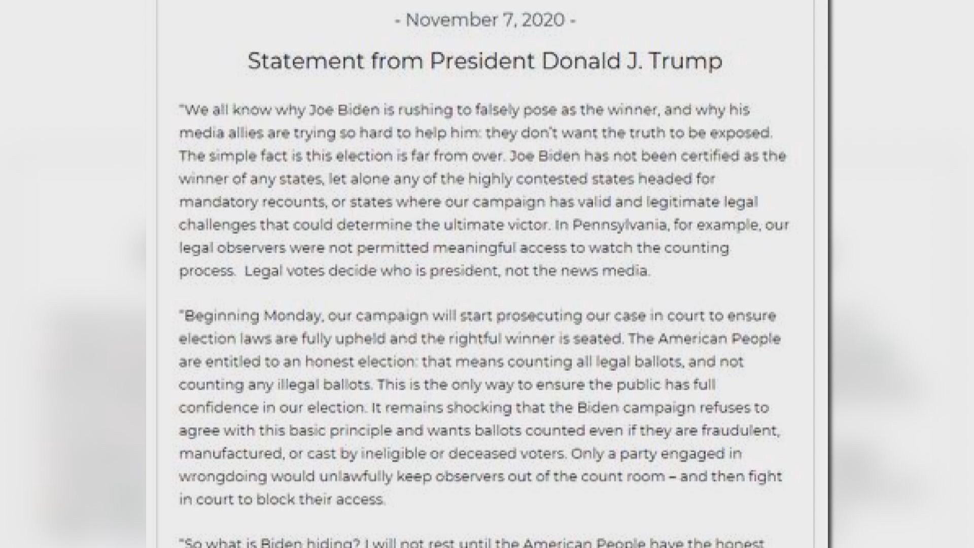 特朗普：選舉仍未結束　會確保真正勝利者入主白宮