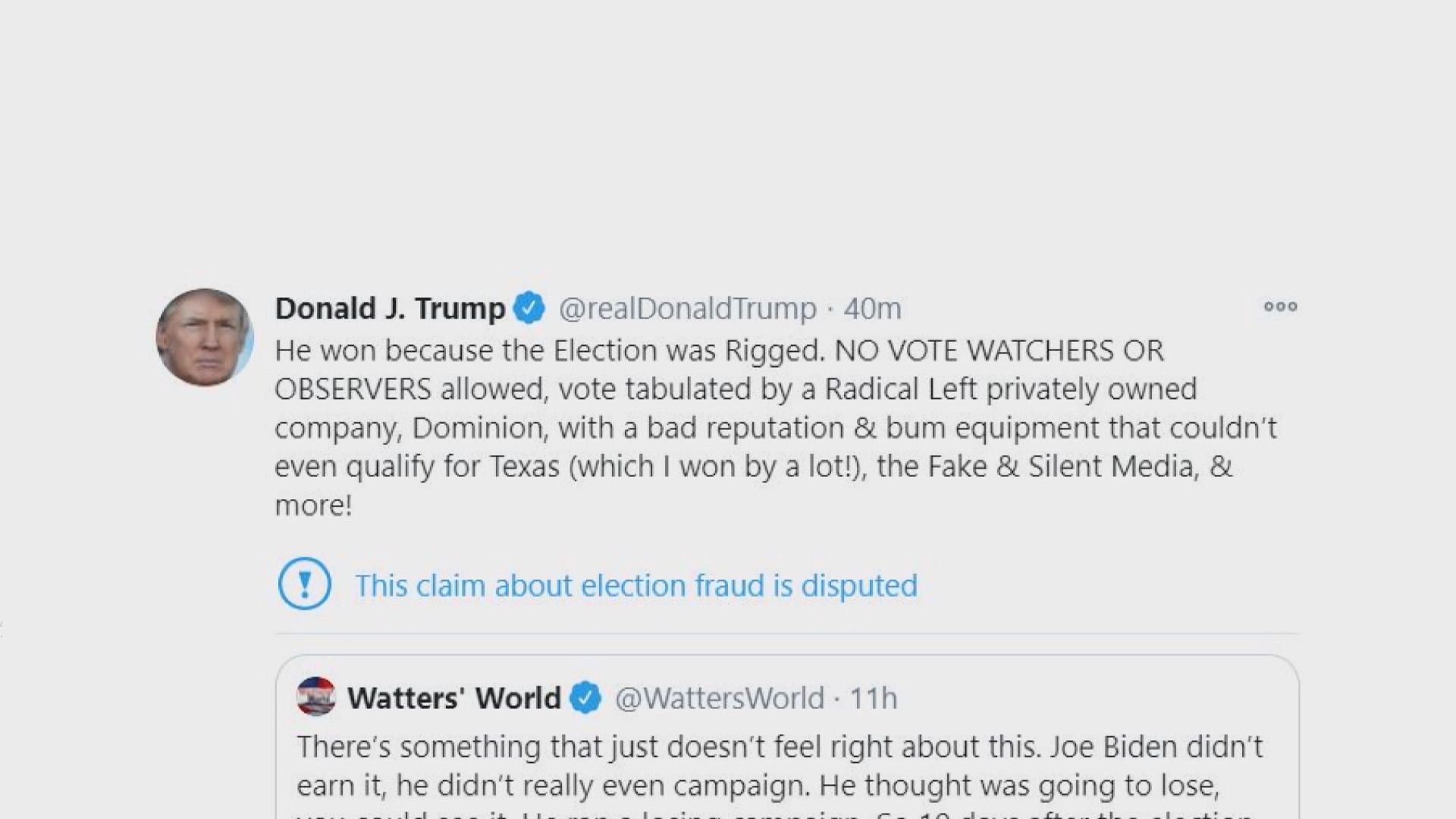 特朗普稱拜登勝出但選舉遭操控