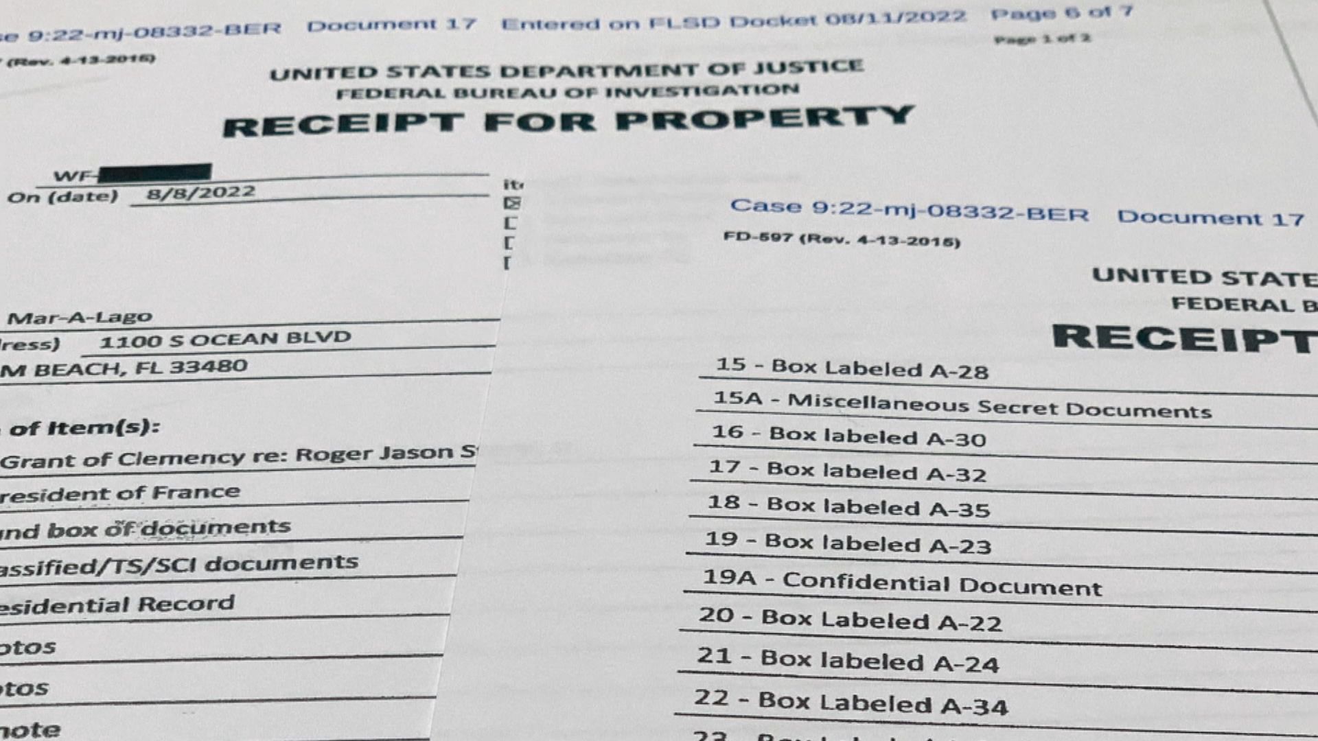 法庭文件顯示聯邦調查局人員在特朗普別墅找到多份被列為最高機密文件