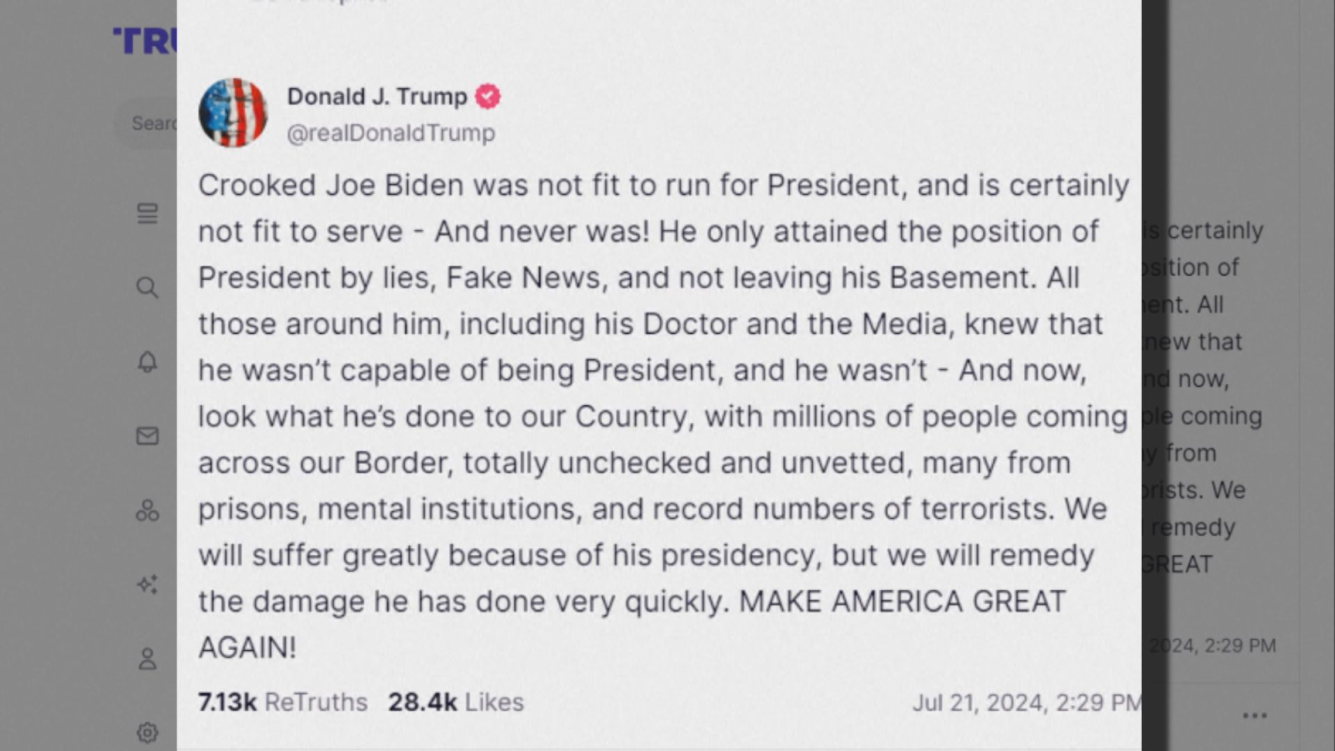 特朗普批拜登不適合做總統 稱賀錦麗更容易被擊敗