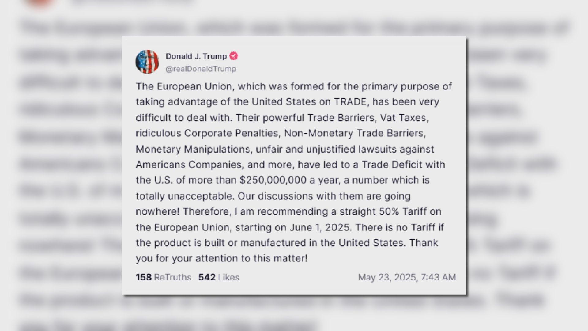 特朗普威脅對來自歐盟商品徵收50%關稅　對非美國製蘋果手機徵收25%關稅