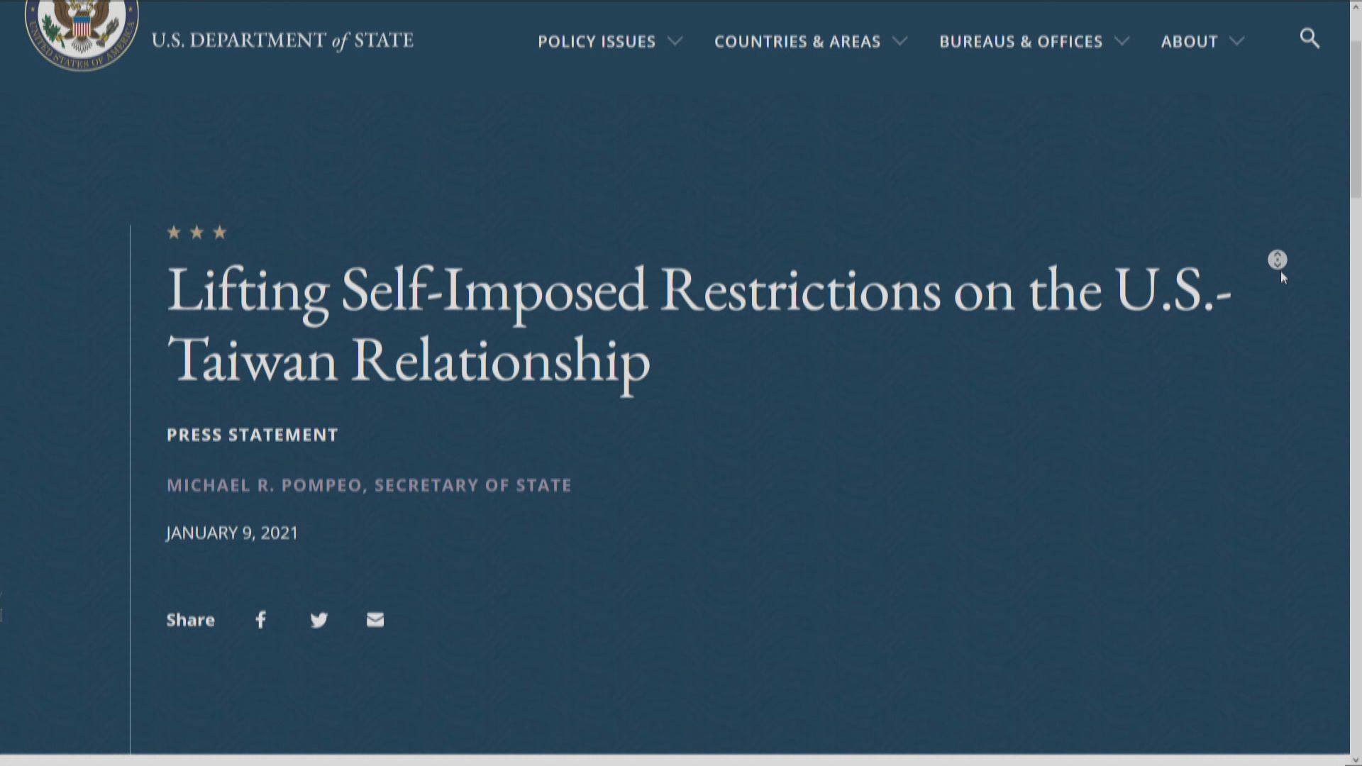 蓬佩奧宣布撤銷所有自設對台交流限制