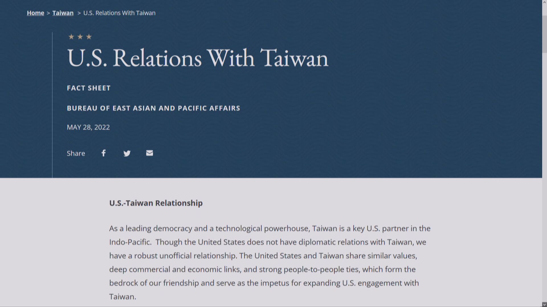 美國國務院一個月內兩度更新美台關係論述