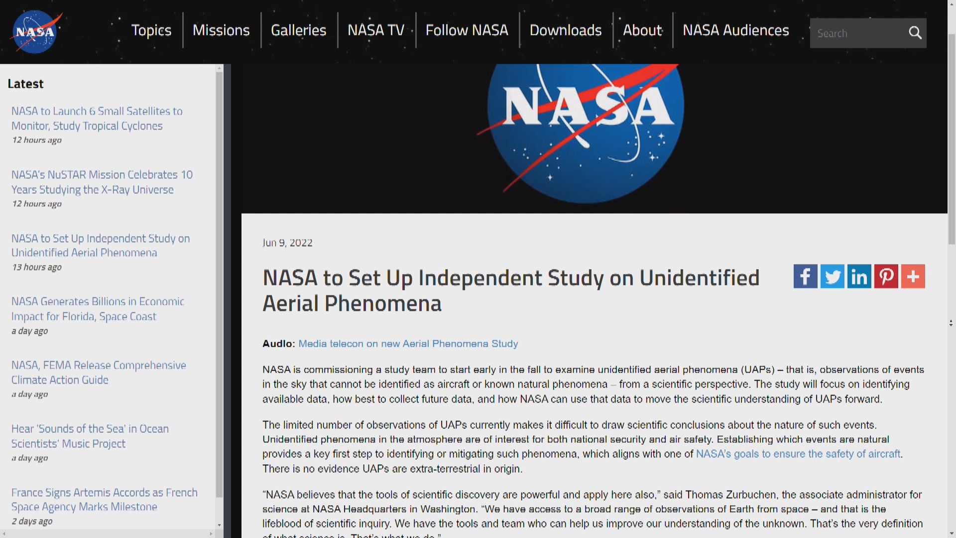 美國太空總署將成立研究不明空中現象小組